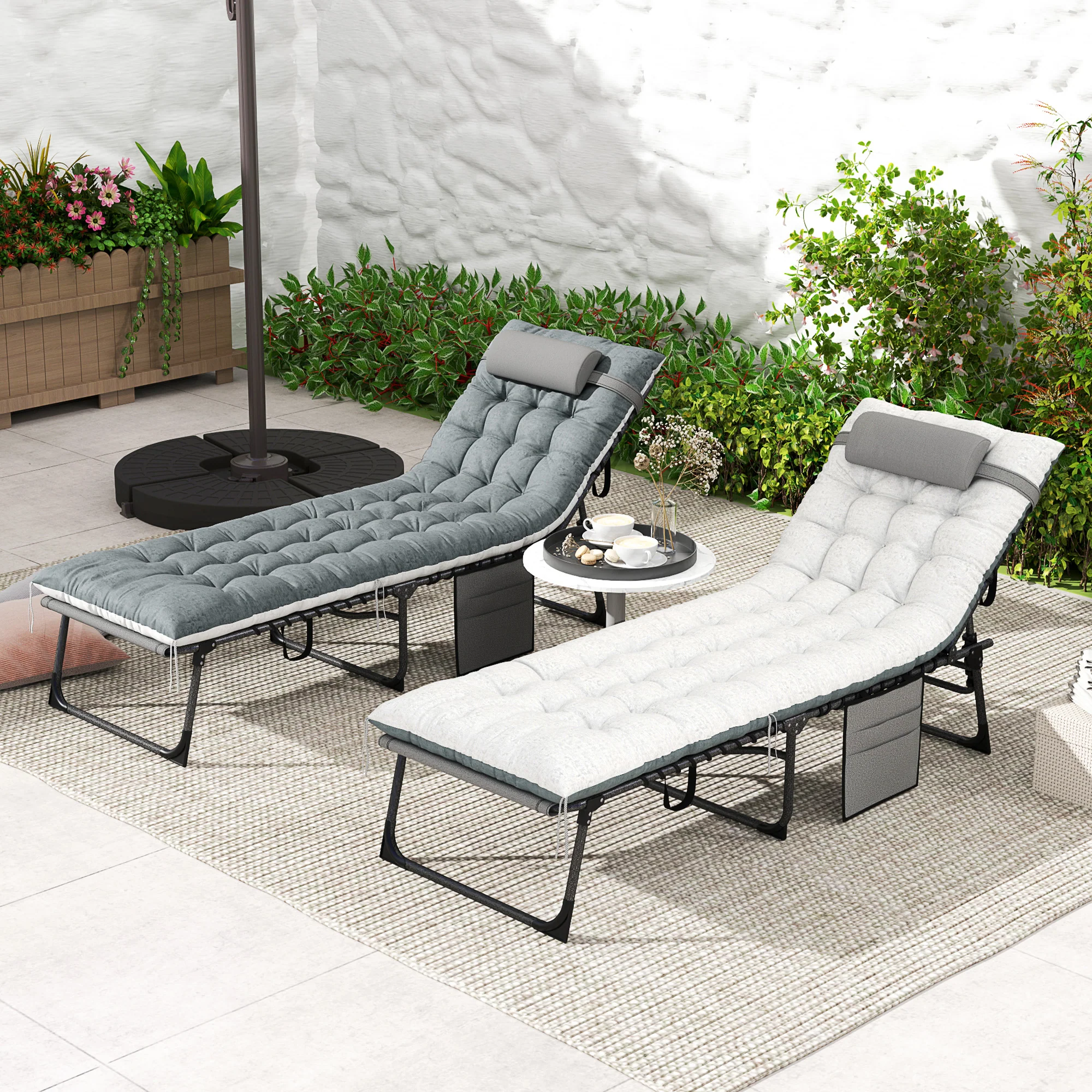 Set of 2 Folding Lounge Chairs with Cushion and Side Pocket, Grey - Image 4