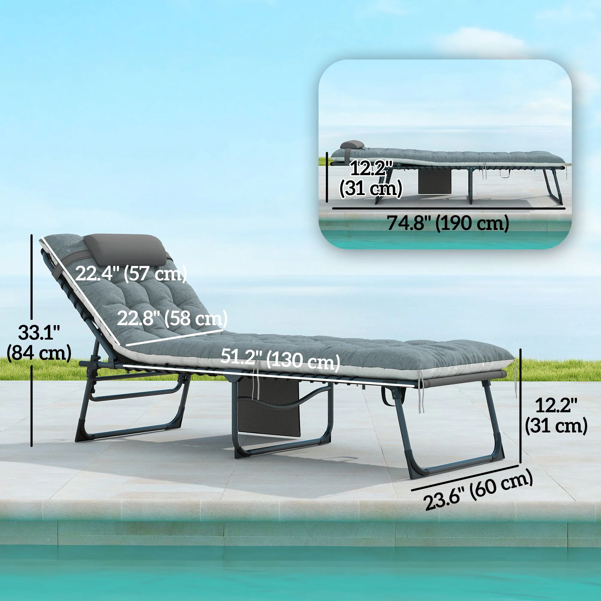 Set of 2 Folding Lounge Chairs with Cushion and Side Pocket, Grey - Image 5