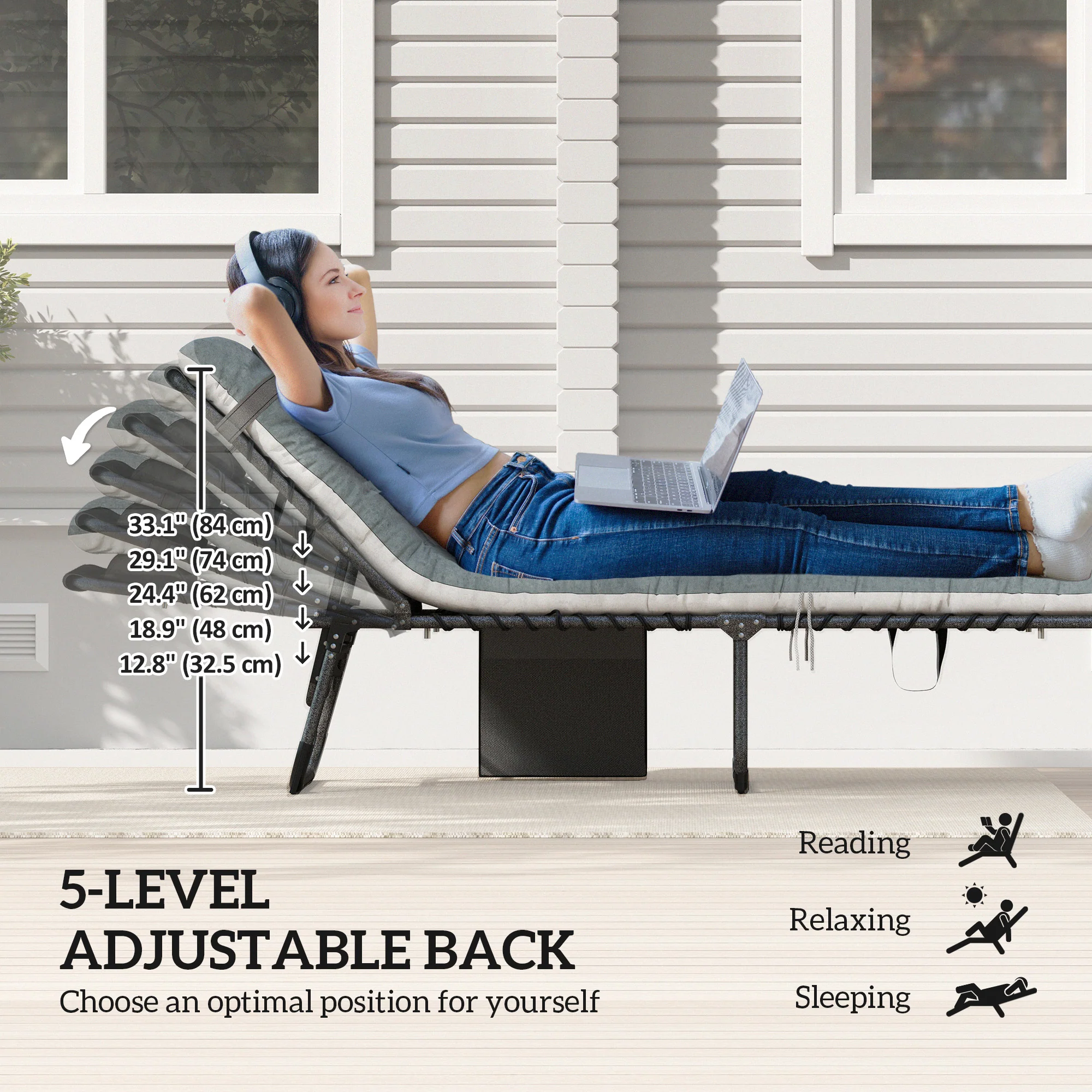 Set of 2 Folding Lounge Chairs with Cushion and Side Pocket, Grey - Image 6