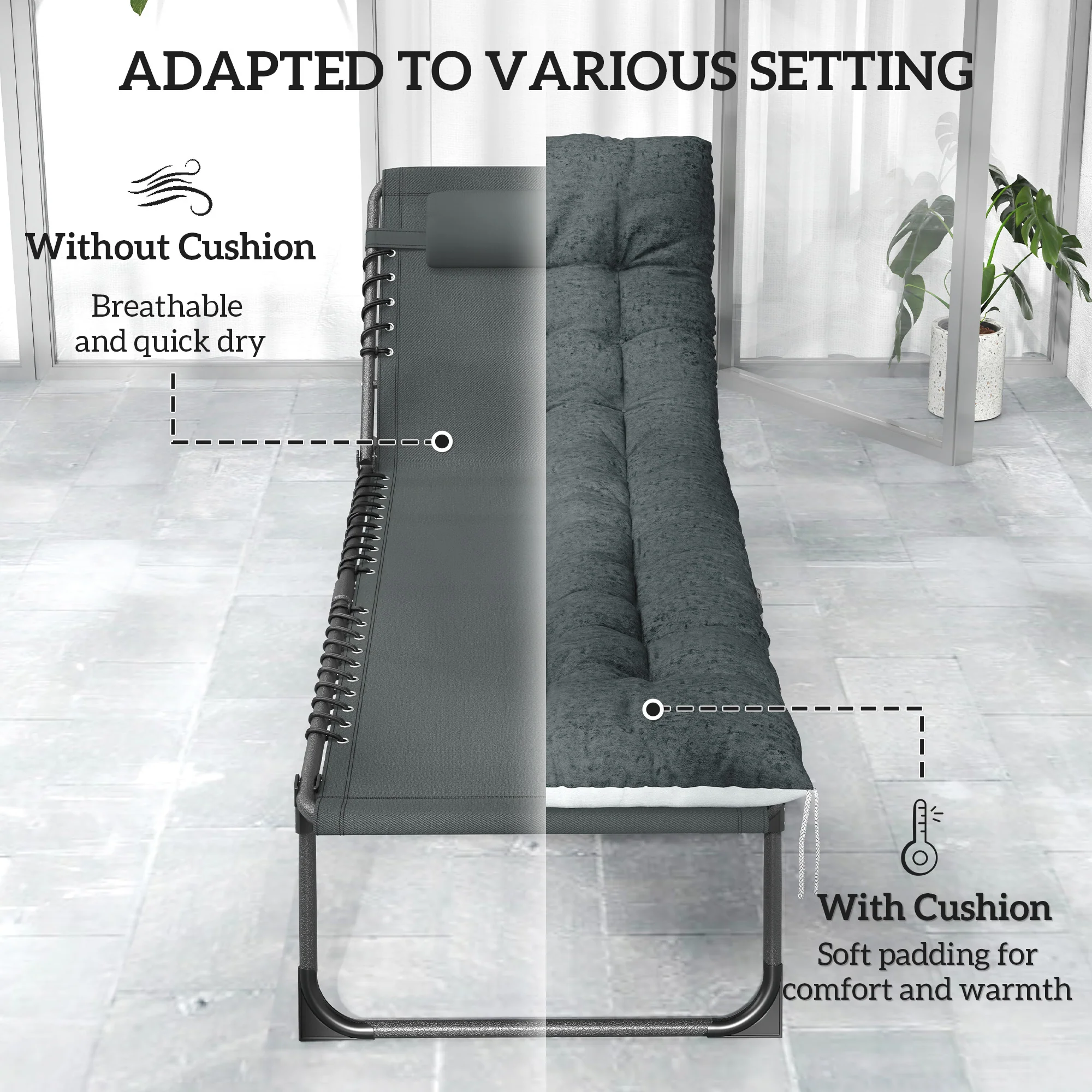 Set of 2 Folding Lounge Chairs with Cushion and Side Pocket, Grey - Image 7