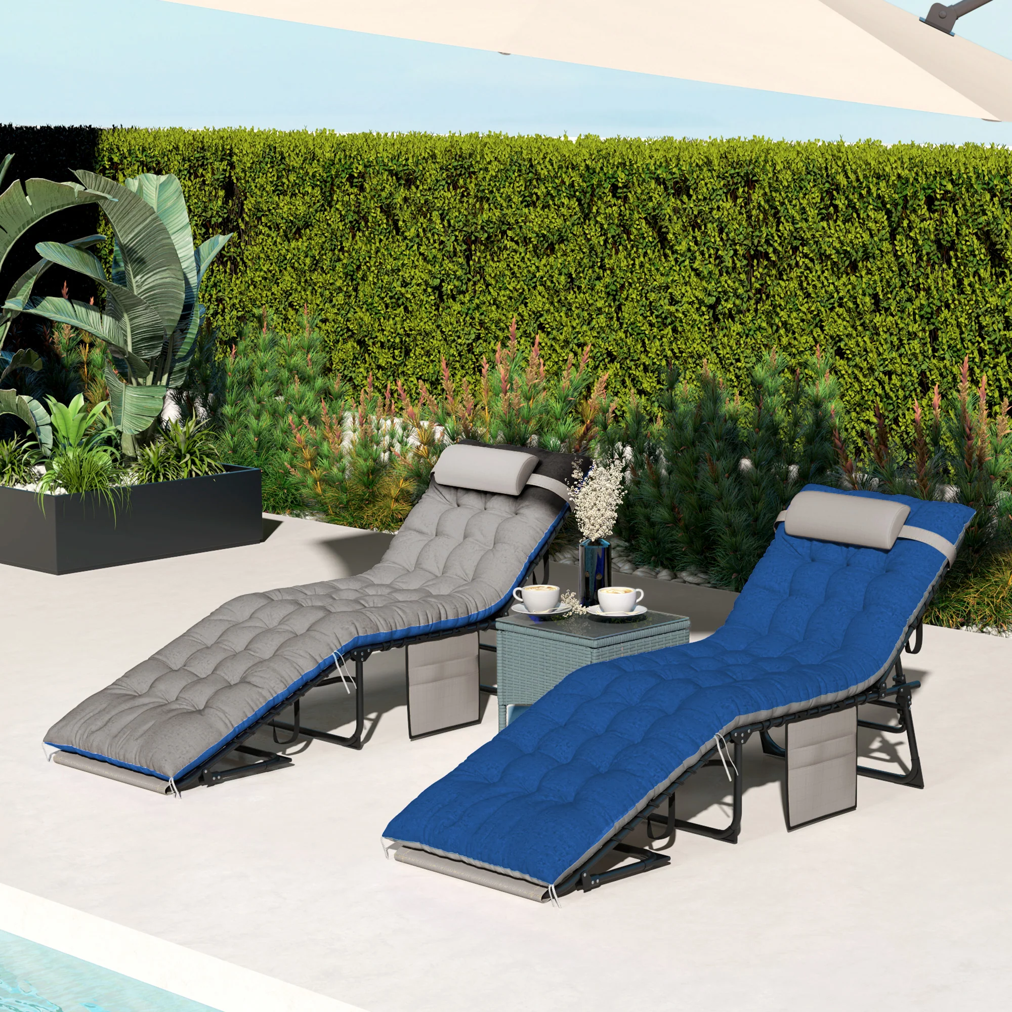 Set of 2 Folding Lounge Chairs with Cushion and Side Pocket, Brown/Blue - Image 10