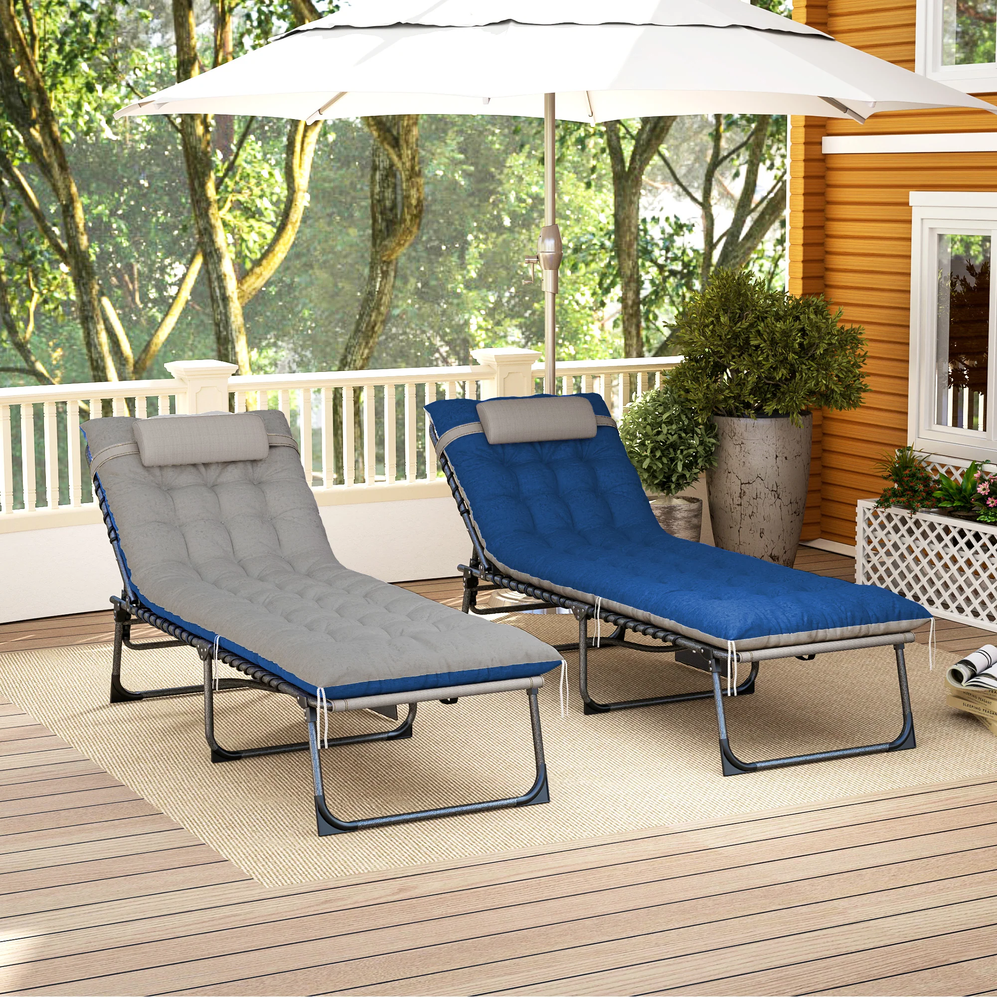 Set of 2 Folding Lounge Chairs with Cushion and Side Pocket, Brown/Blue - Image 11