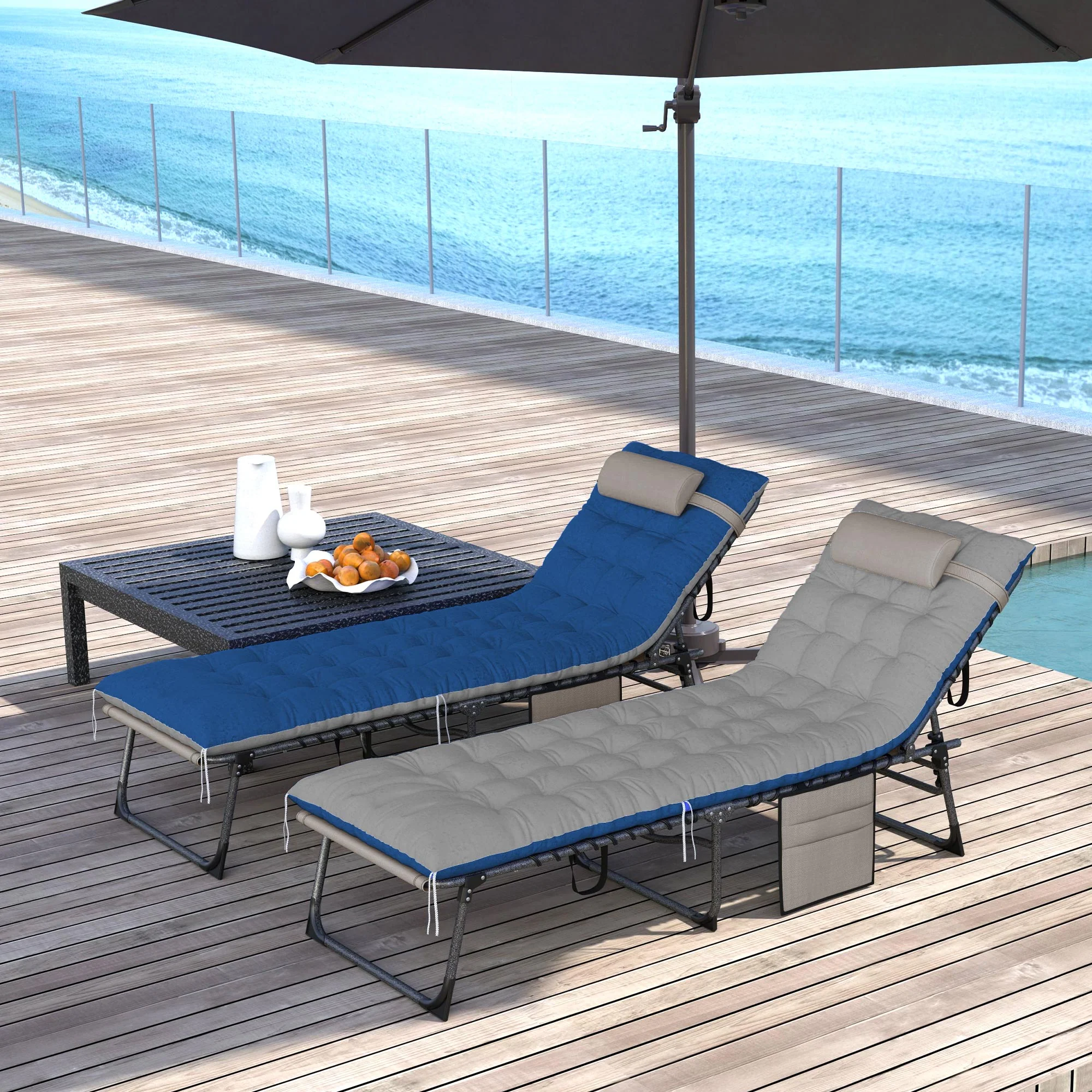 Set of 2 Folding Lounge Chairs with Cushion and Side Pocket, Brown/Blue - Image 3