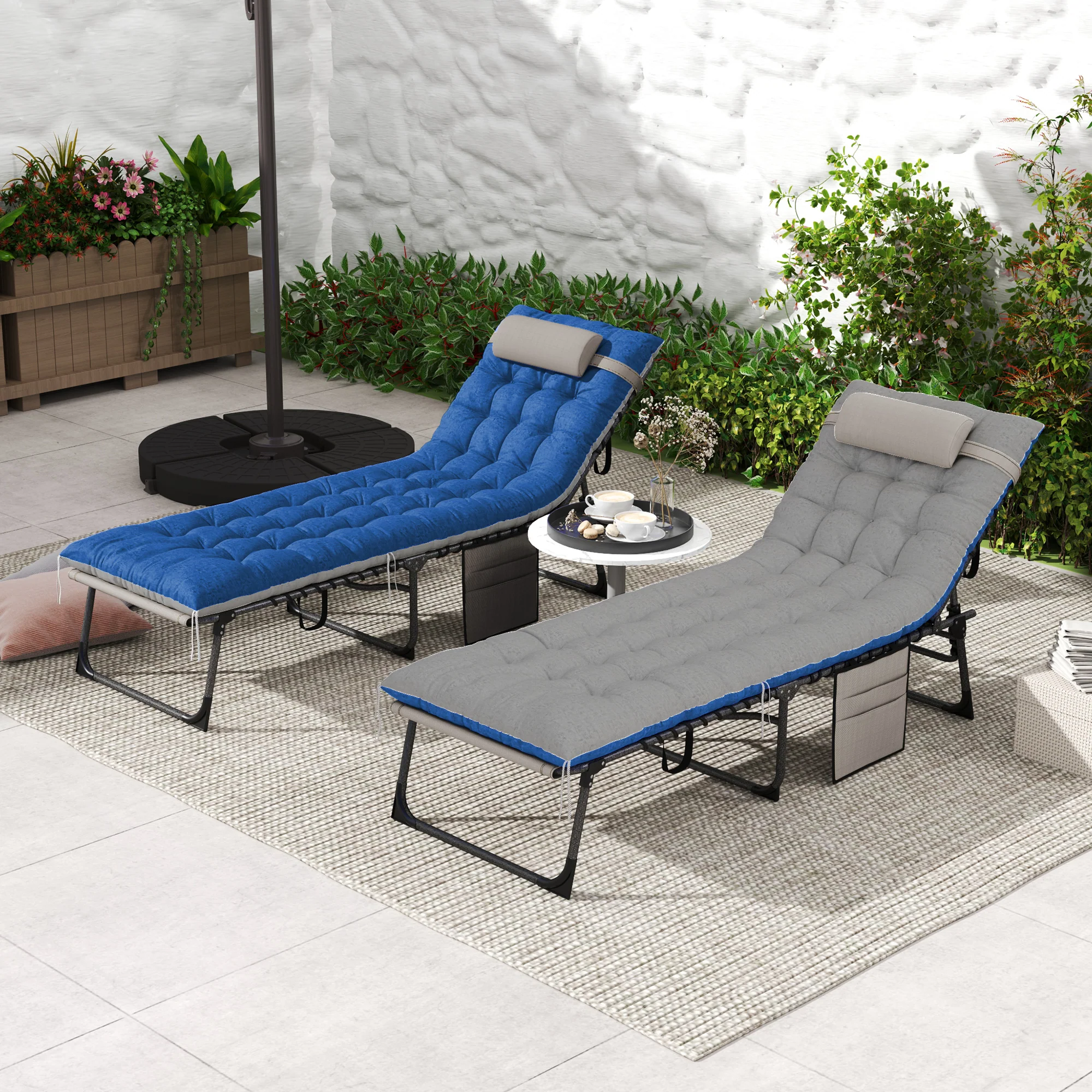 Set of 2 Folding Lounge Chairs with Cushion and Side Pocket, Brown/Blue - Image 4