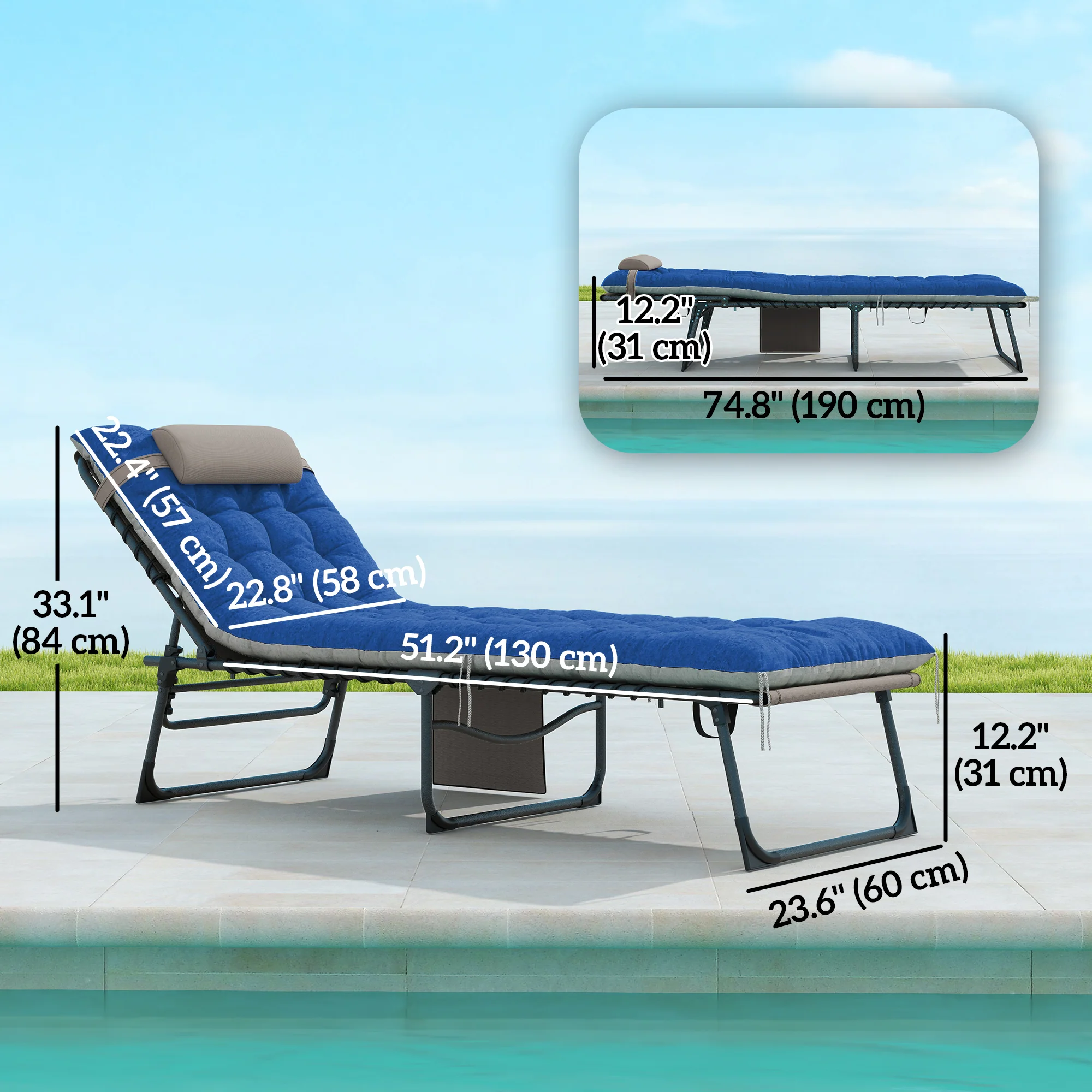 Set of 2 Folding Lounge Chairs with Cushion and Side Pocket, Brown/Blue - Image 5