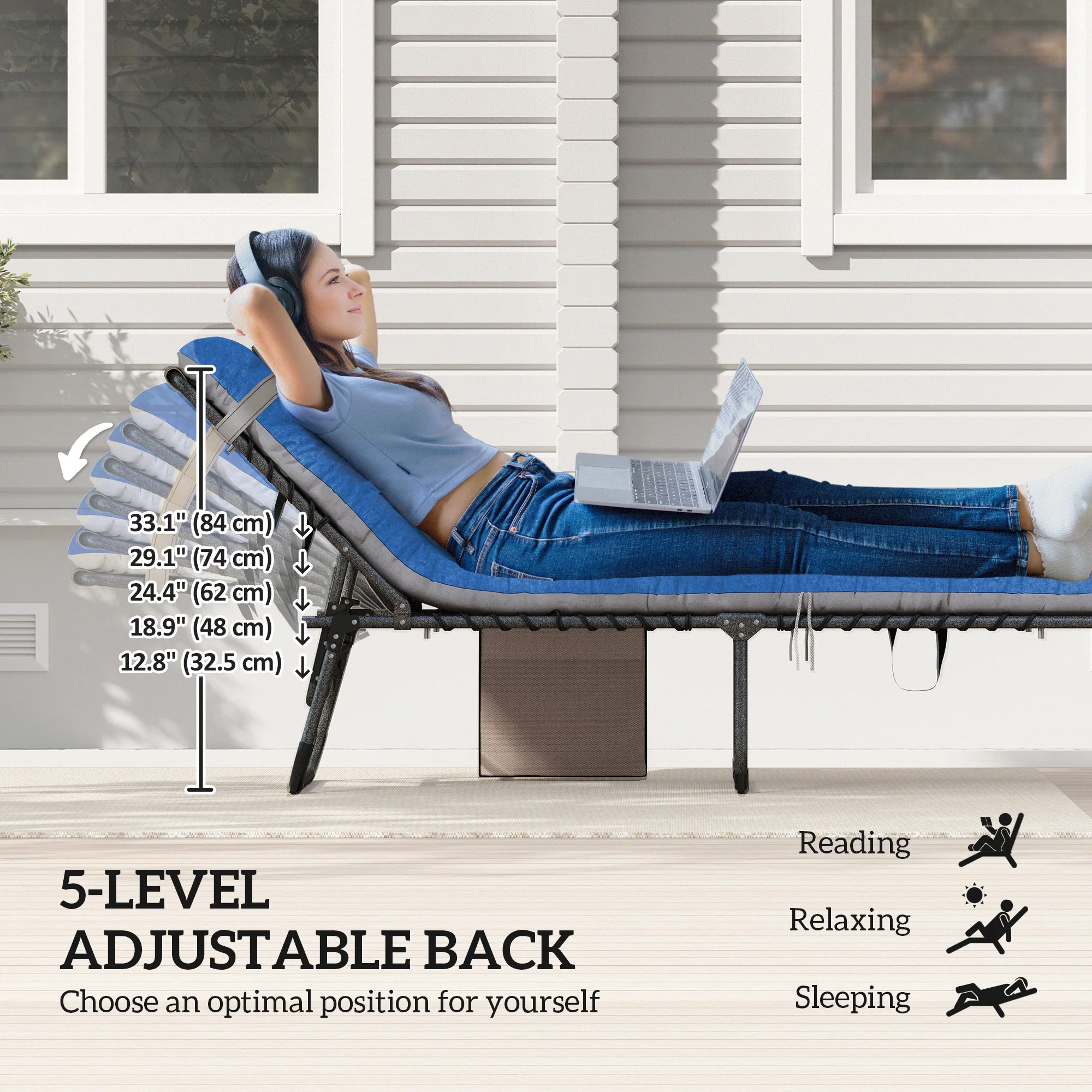 Set of 2 Folding Lounge Chairs with Cushion and Side Pocket, Brown/Blue - Image 6