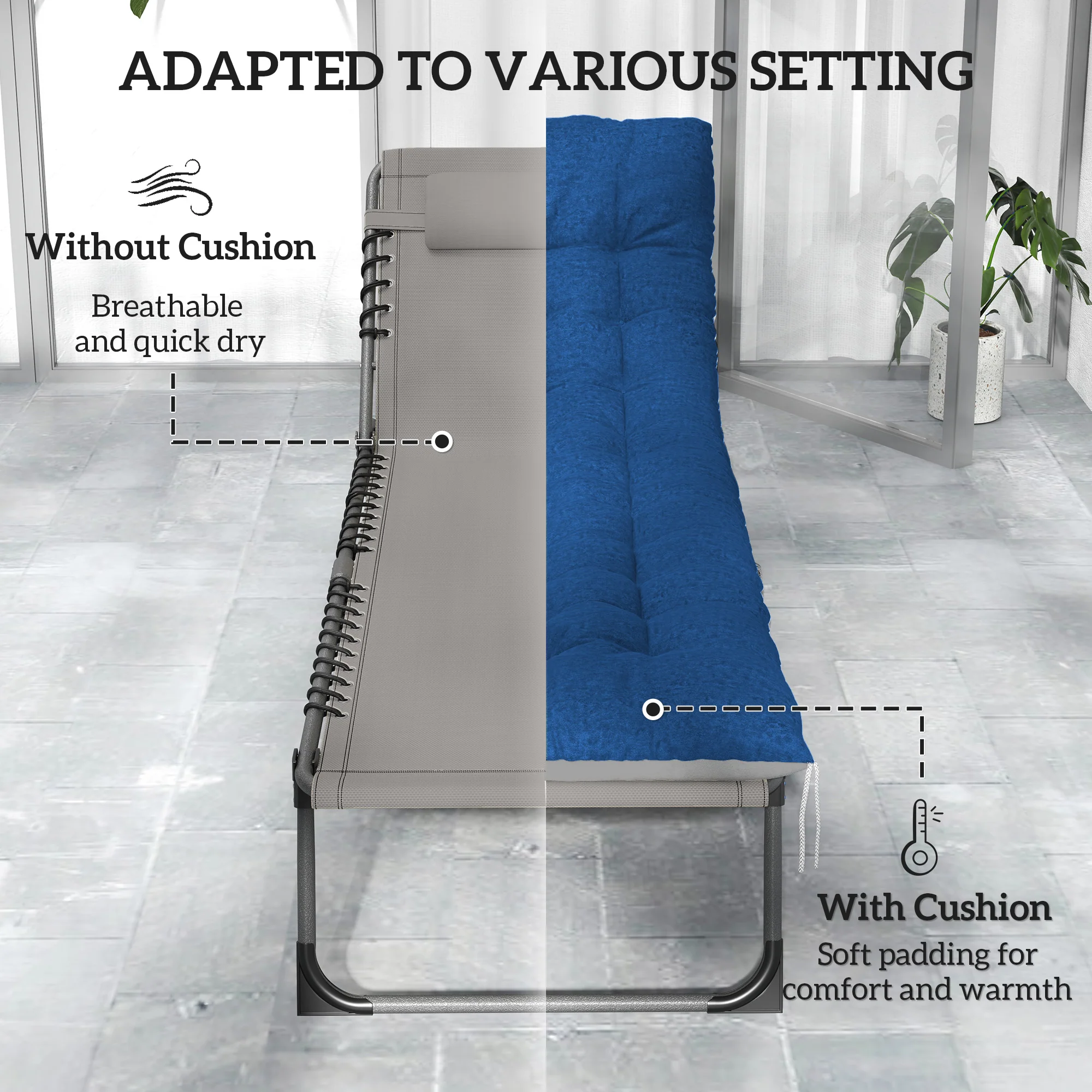 Set of 2 Folding Lounge Chairs with Cushion and Side Pocket, Brown/Blue - Image 7