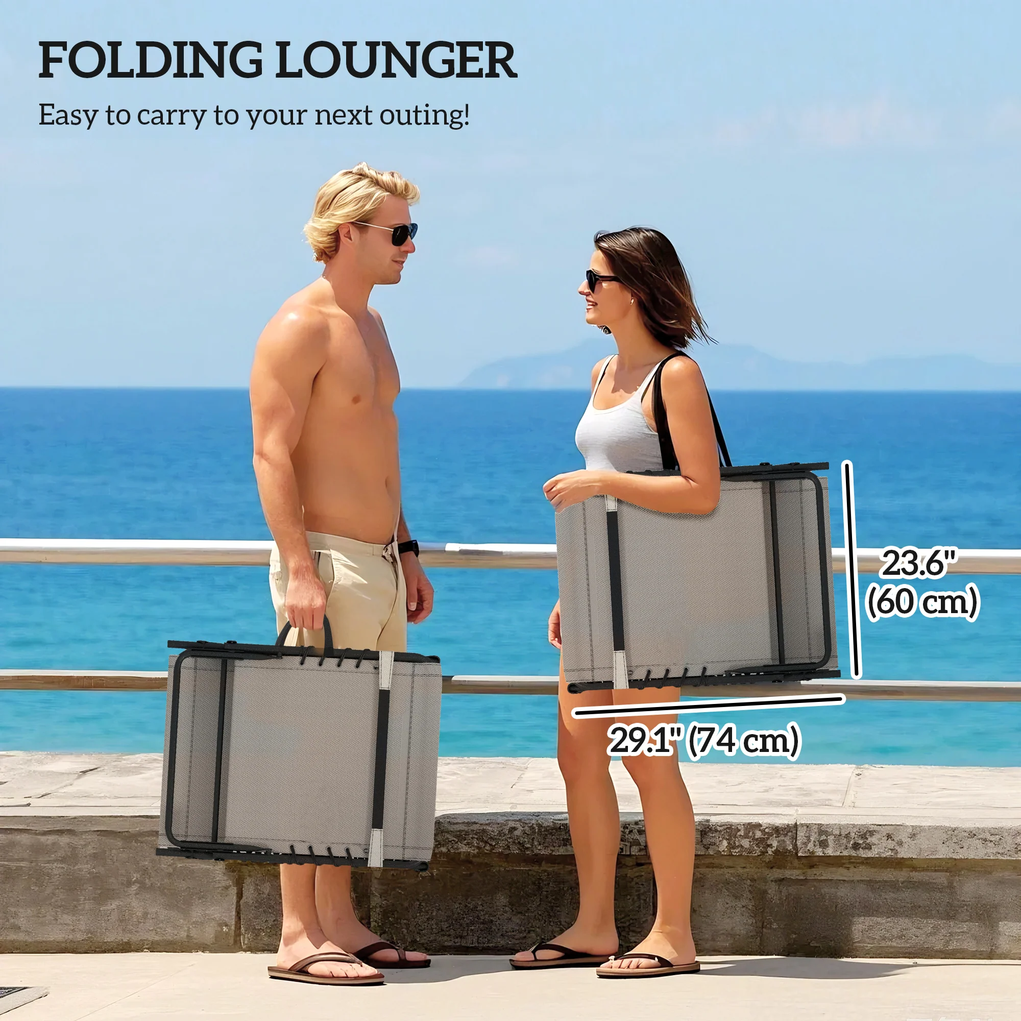Set of 2 Folding Lounge Chairs with Cushion and Side Pocket, Brown/Blue - Image 8