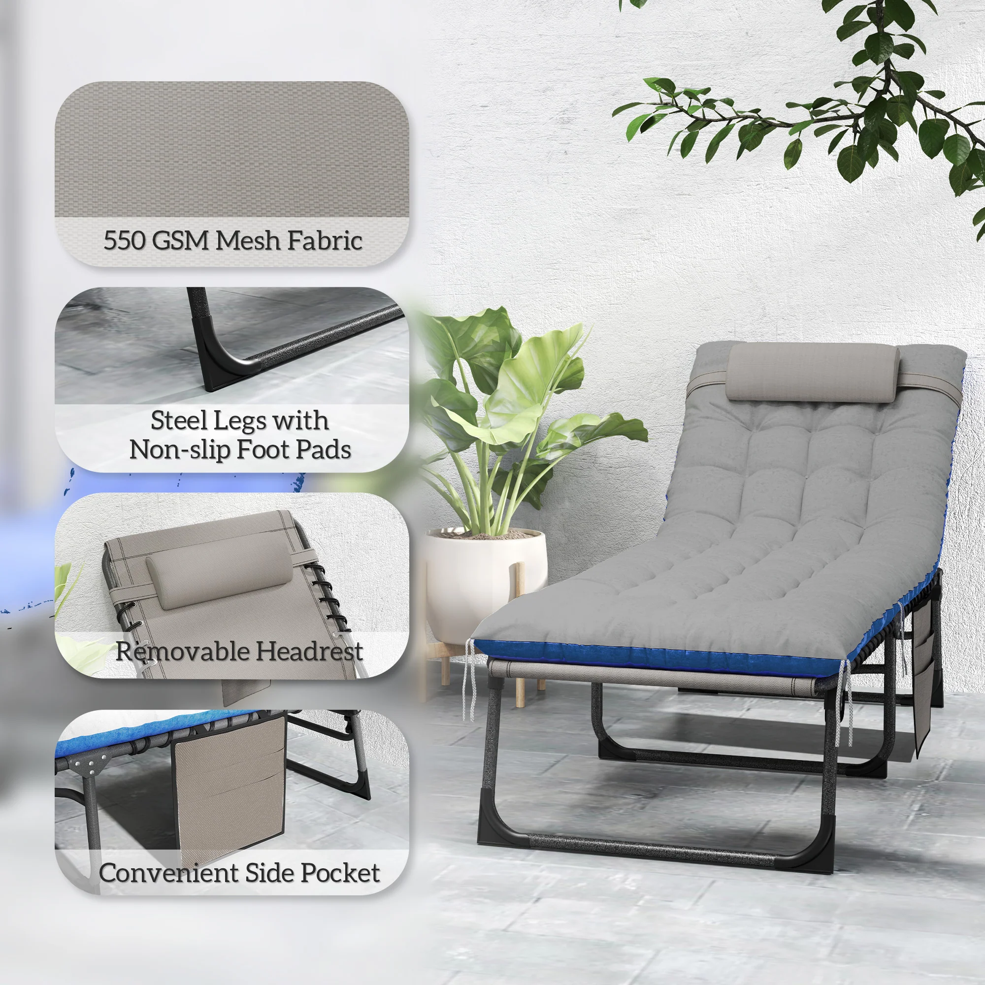 Set of 2 Folding Lounge Chairs with Cushion and Side Pocket, Brown/Blue - Image 9