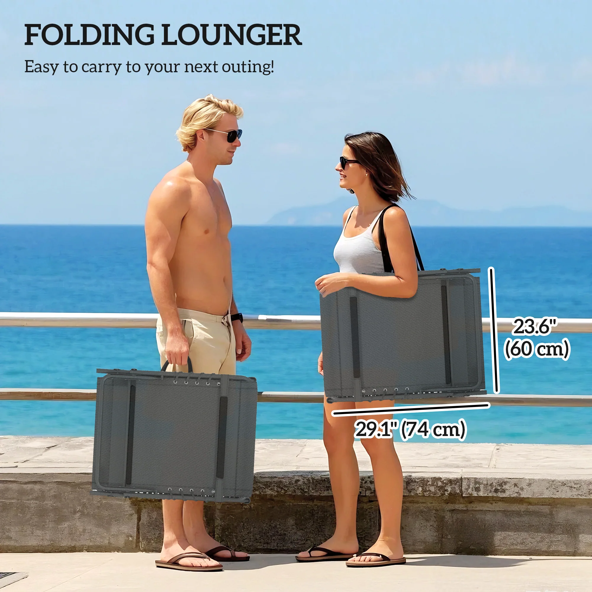 Set of 2 Folding Lounge Chairs with Cushion and Side Pocket, Grey - Image 8
