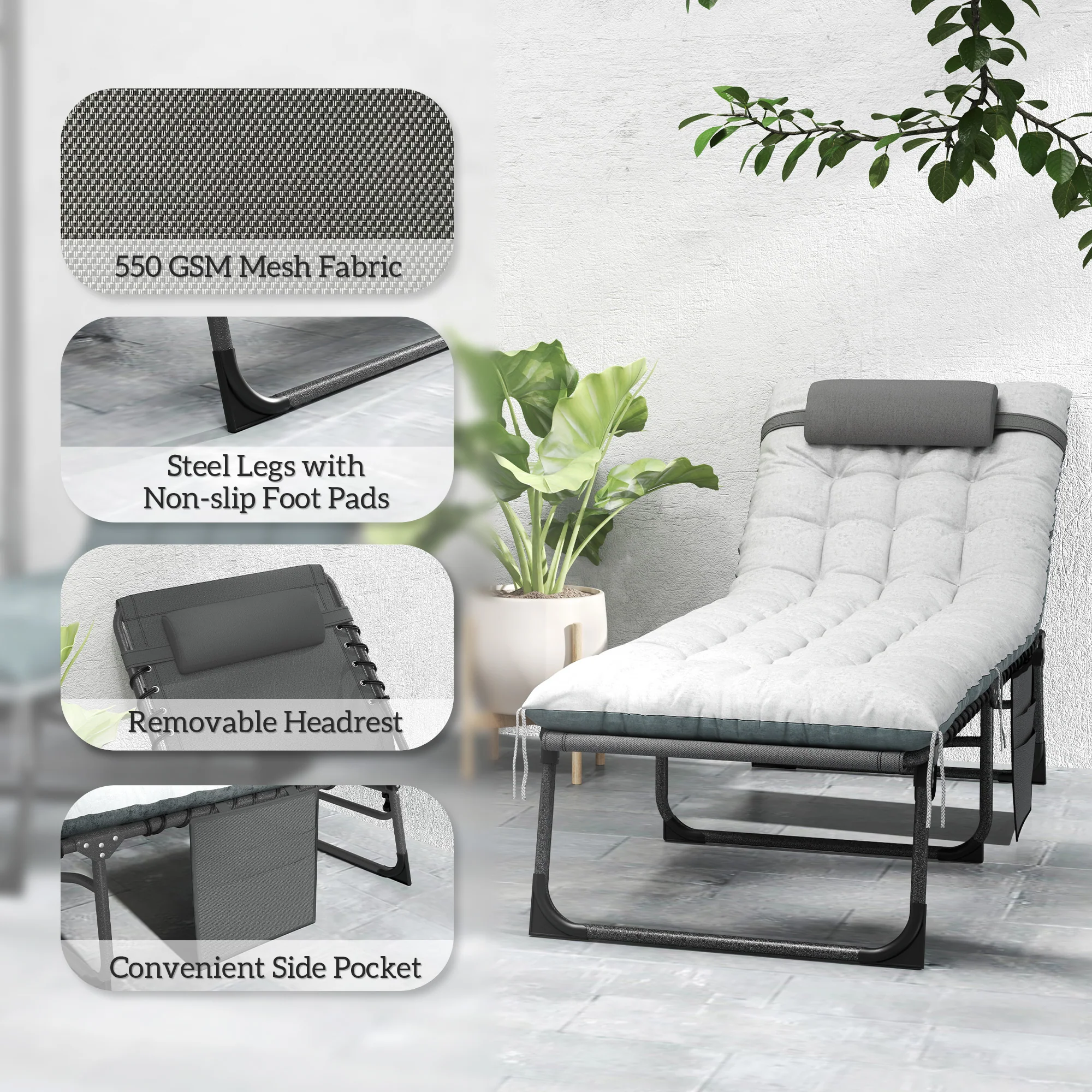 Set of 2 Folding Lounge Chairs with Cushion and Side Pocket, Grey - Image 9