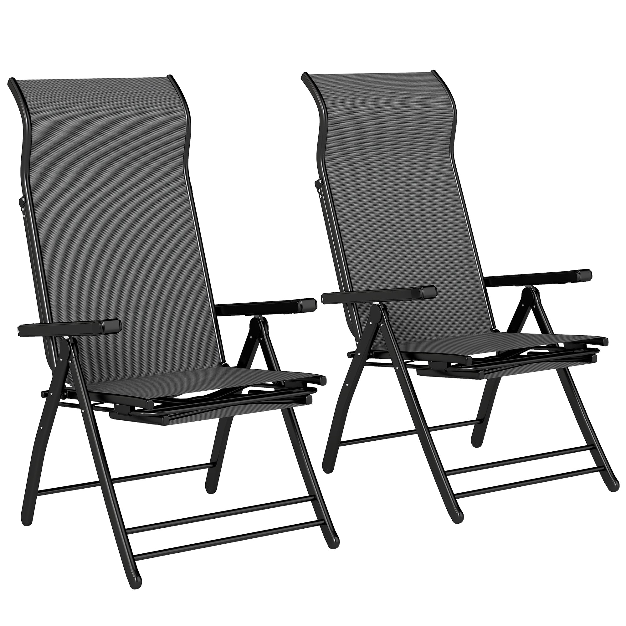 Set of 2 Folding Patio Chairs with Footrest and 5-Position Recline, Dark Grey