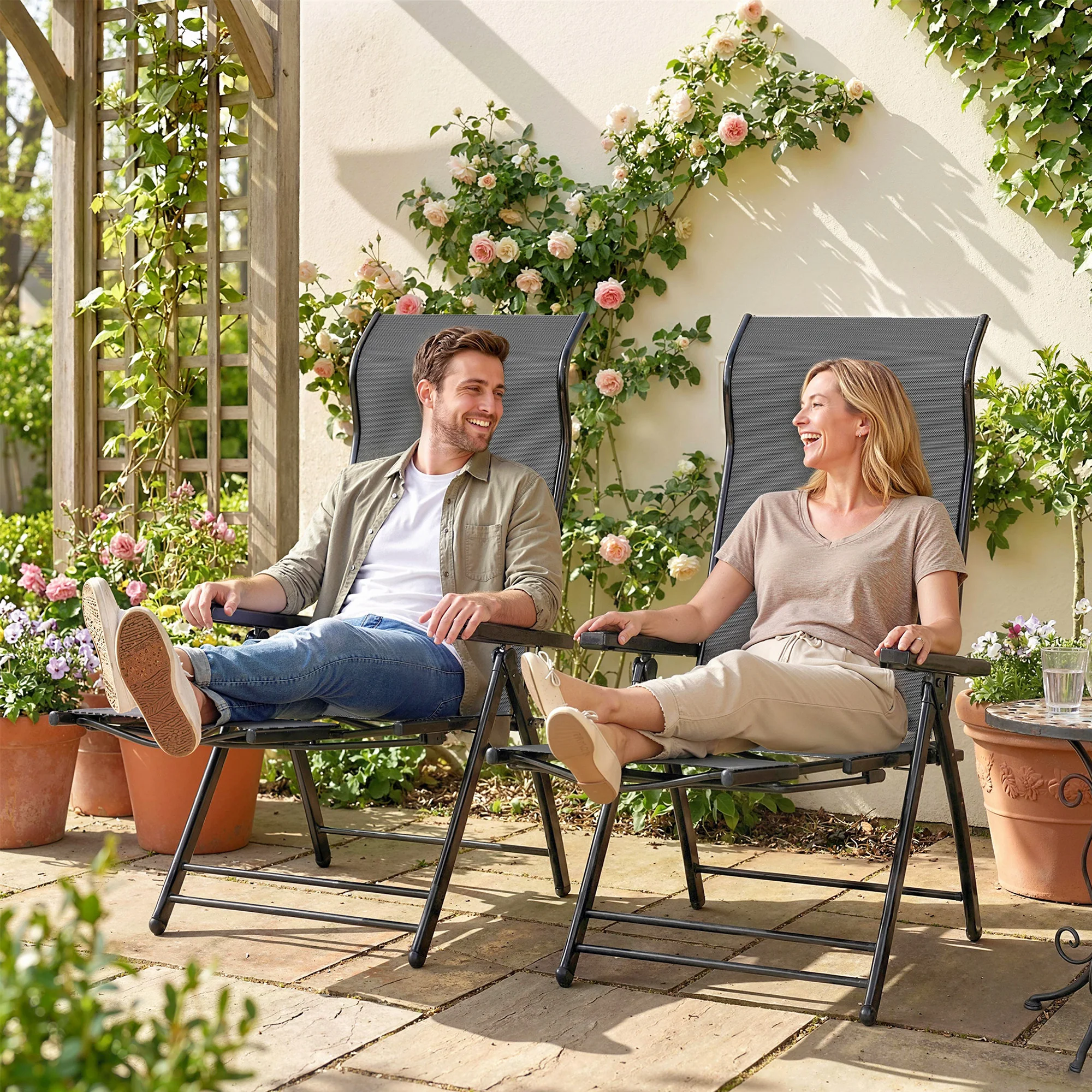 Set of 2 Folding Patio Chairs with Footrest and 5-Position Recline, Dark Grey - Image 11