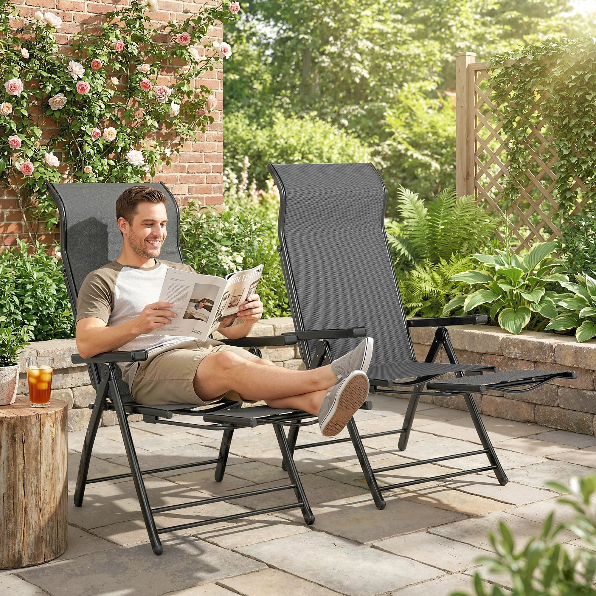 Set of 2 Folding Patio Chairs with Footrest and 5-Position Recline, Dark Grey - Image 3