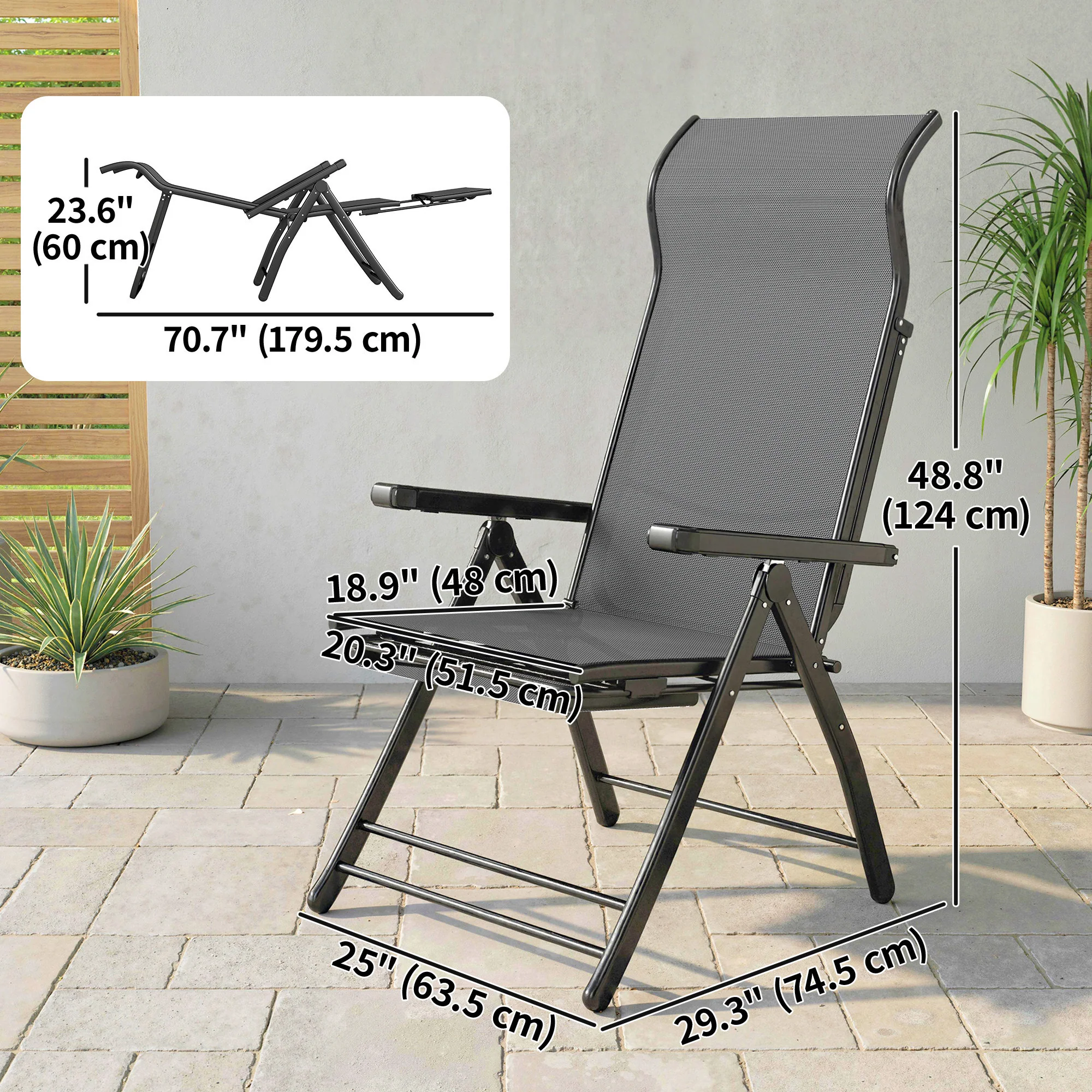 Set of 2 Folding Patio Chairs with Footrest and 5-Position Recline, Dark Grey - Image 5