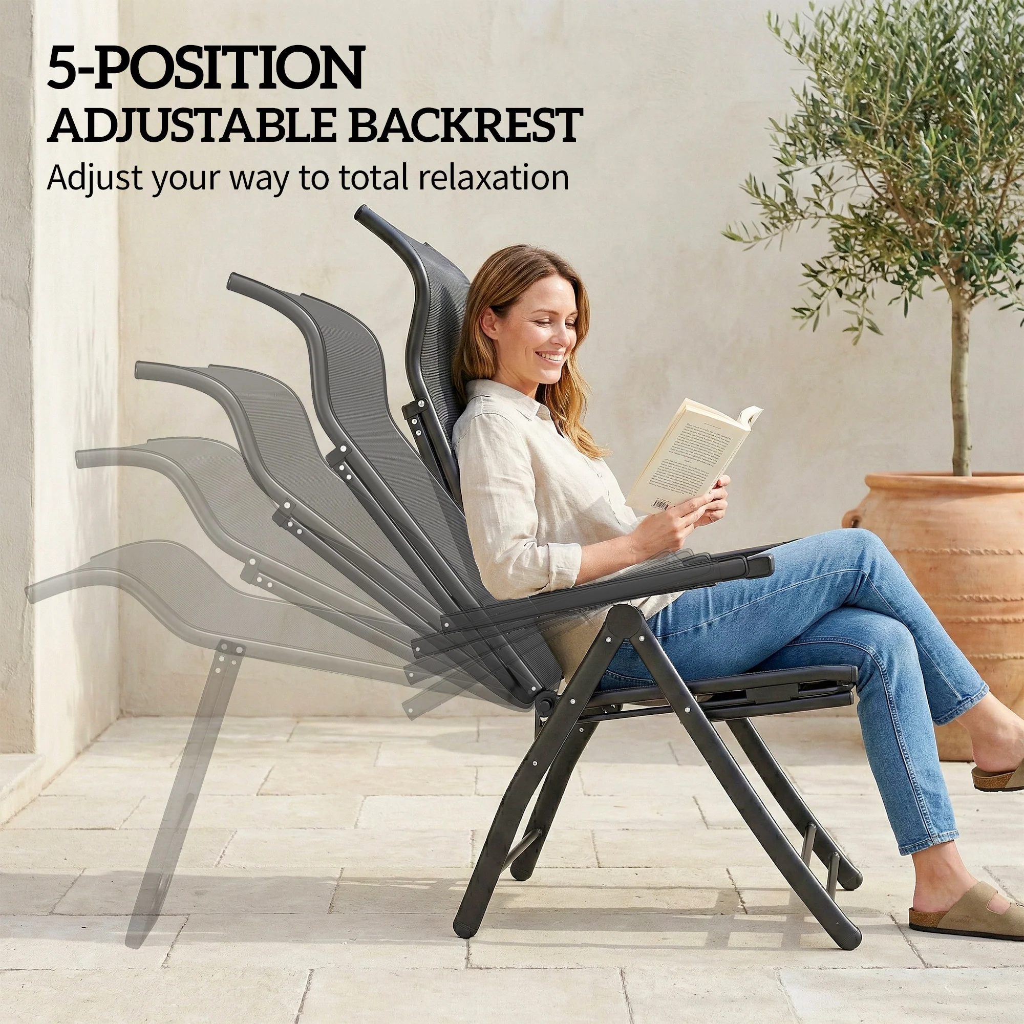 Set of 2 Folding Patio Chairs with Footrest and 5-Position Recline, Dark Grey - Image 6