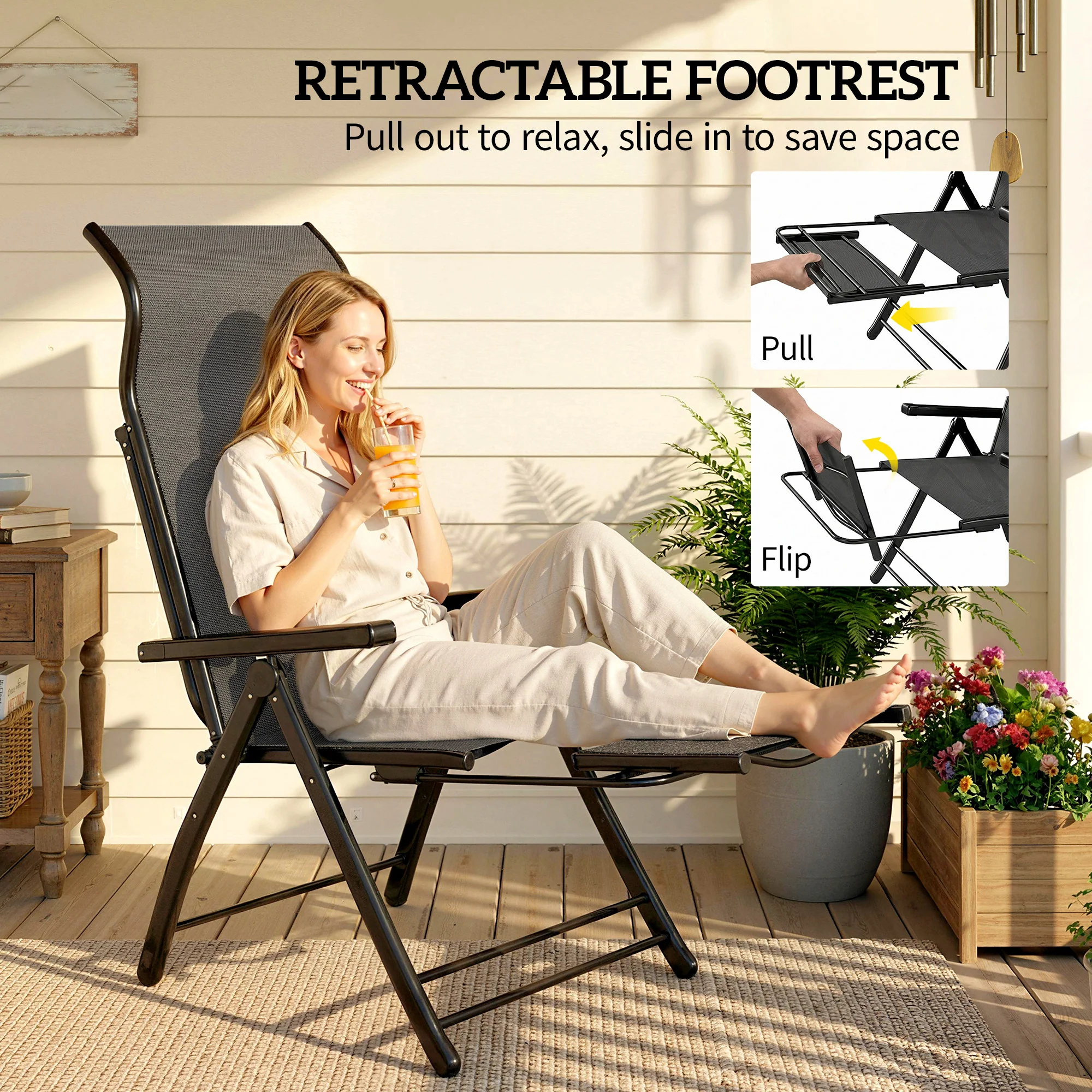 Set of 2 Folding Patio Chairs with Footrest and 5-Position Recline, Dark Grey - Image 7