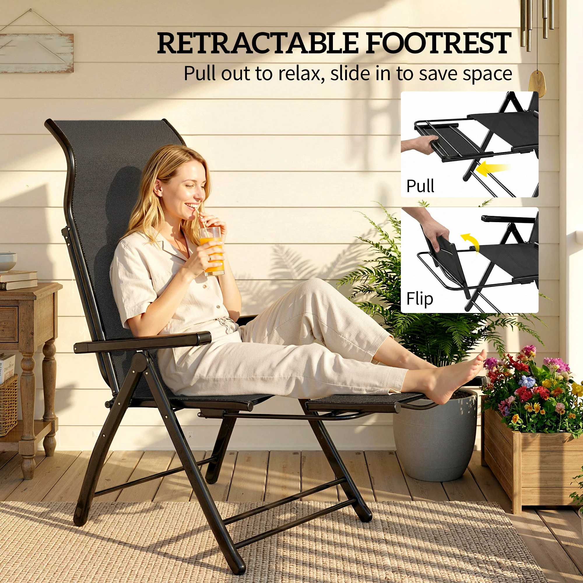 Set of 2 Folding Patio Chairs with Footrest and 5-Position Recline, Black - Image 7