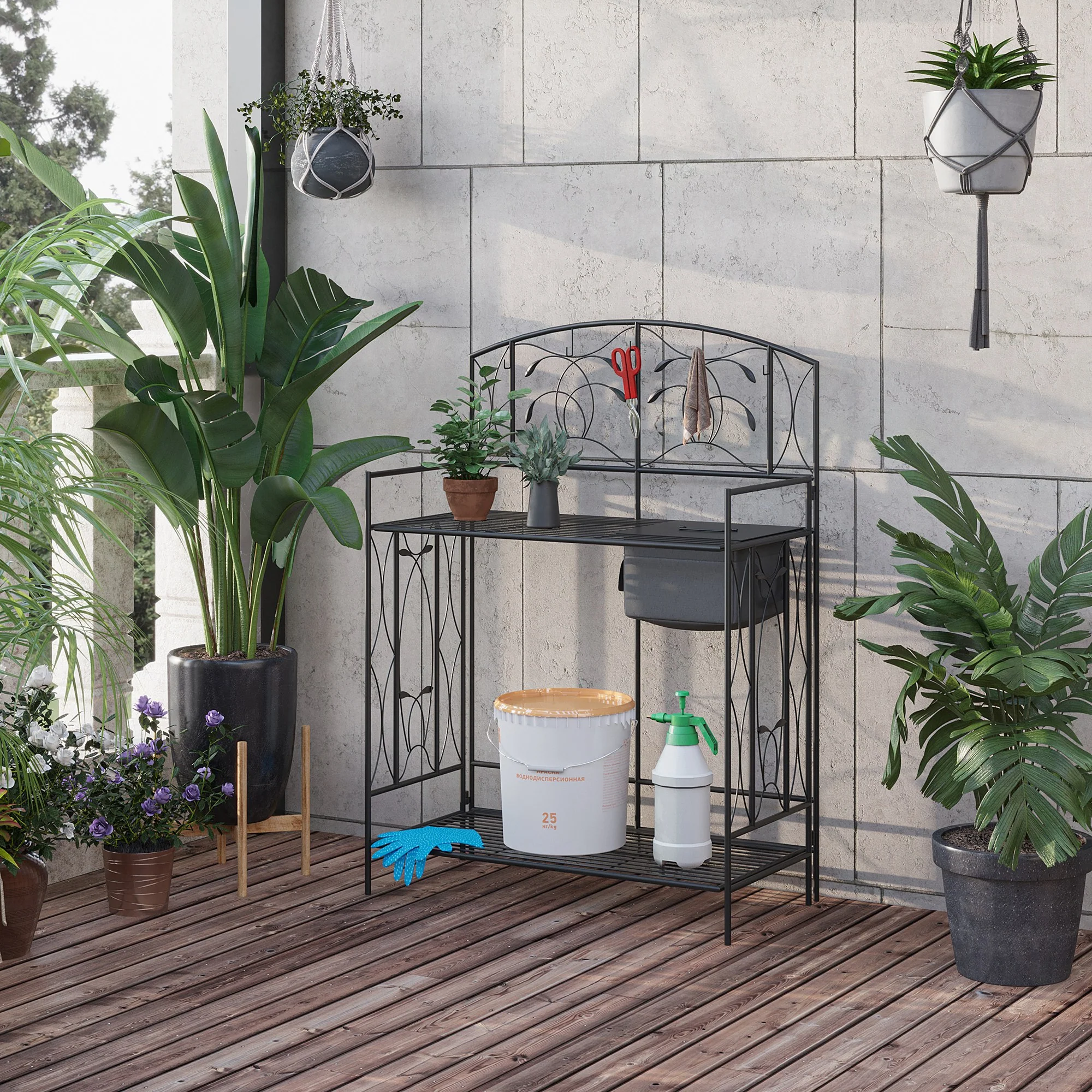 Folding Potting Bench Table with Storage Shelf, Leaf Pattern - Image 3