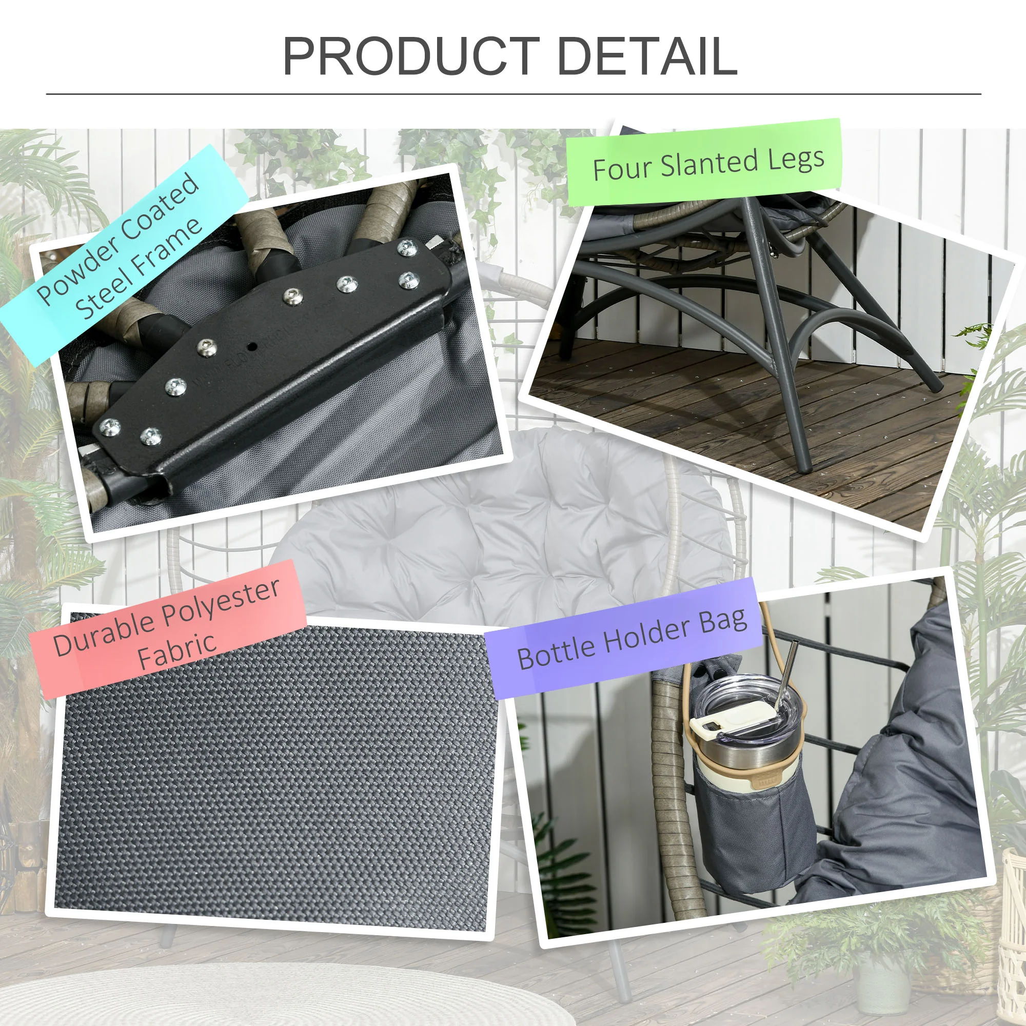 Folding Rattan Egg Chair with Cushion, Bottle Holder Bag for Outdoor or Indoor, Grey - Image 8