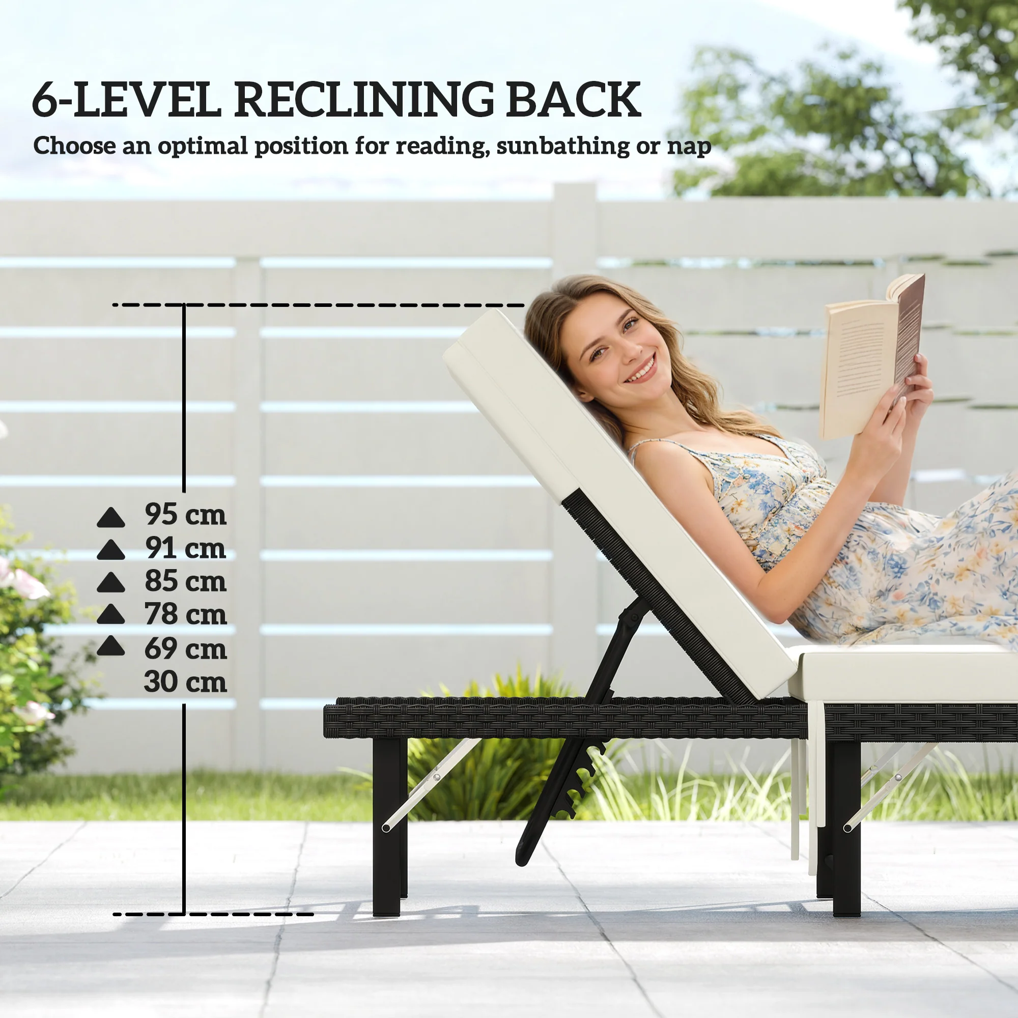 Folding Rattan Sun Lounger with Cushion and 6-Level Backrest, Black - Image 7