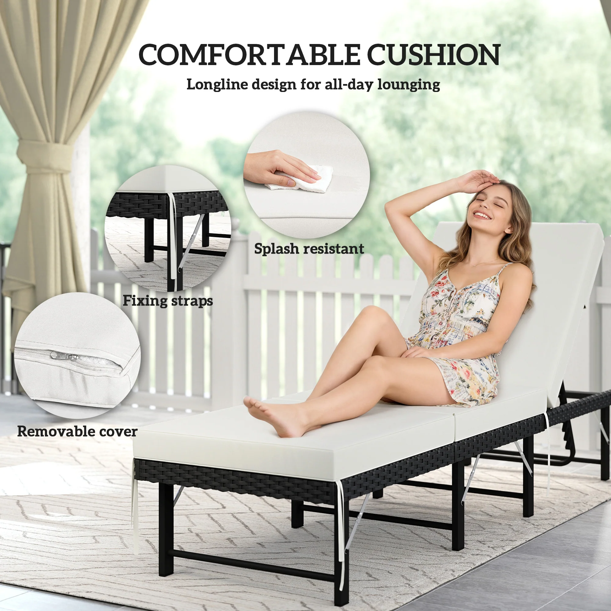 Folding Rattan Sun Lounger with Cushion and 6-Level Backrest, Black - Image 9