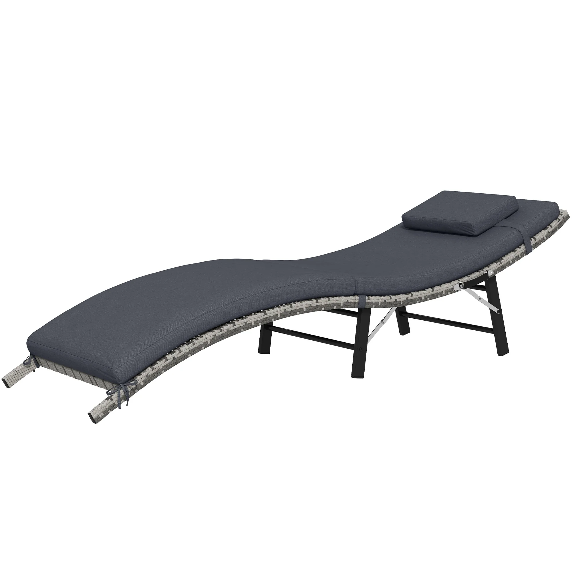 Folding Rattan Sun Lounger with Cushion, Pillow & Steel Frame for Patio, Beach, Grey - Image 2