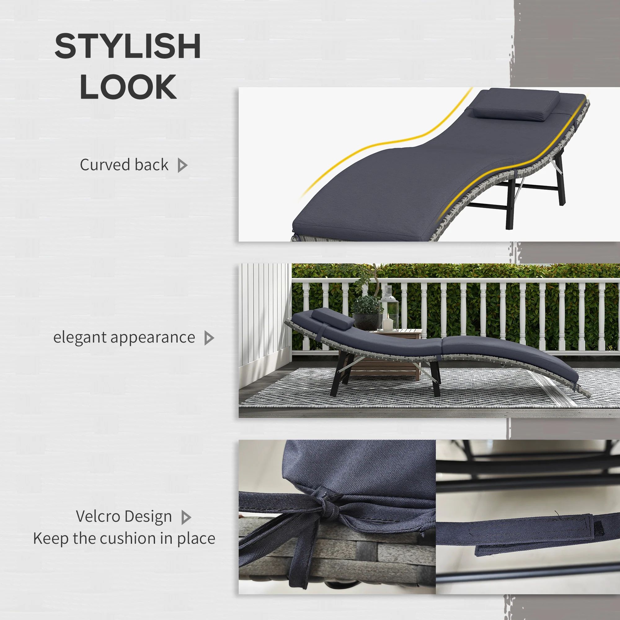 Folding Rattan Sun Lounger with Cushion, Pillow & Steel Frame for Patio, Beach, Grey - Image 8