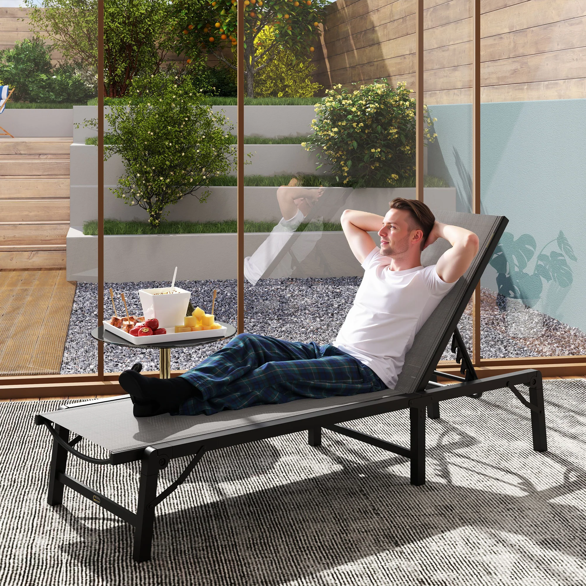 5-Position Adjustable Sun Lounger with Steel Frame for Beach, Porch, Patio, Light Grey - Image 3