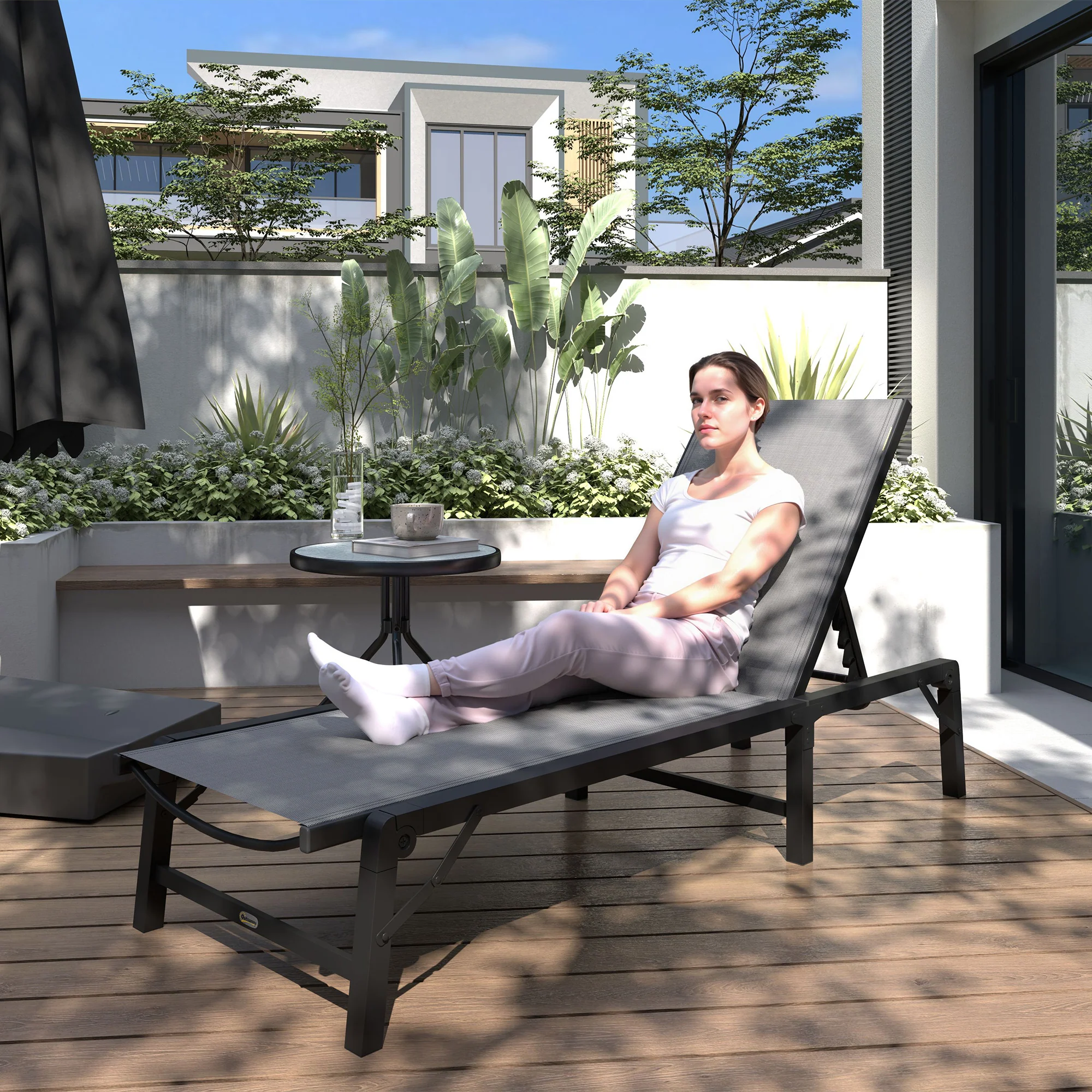 5-Position Adjustable Sun Lounger with Steel Frame for Beach, Porch, Patio, Light Grey - Image 4