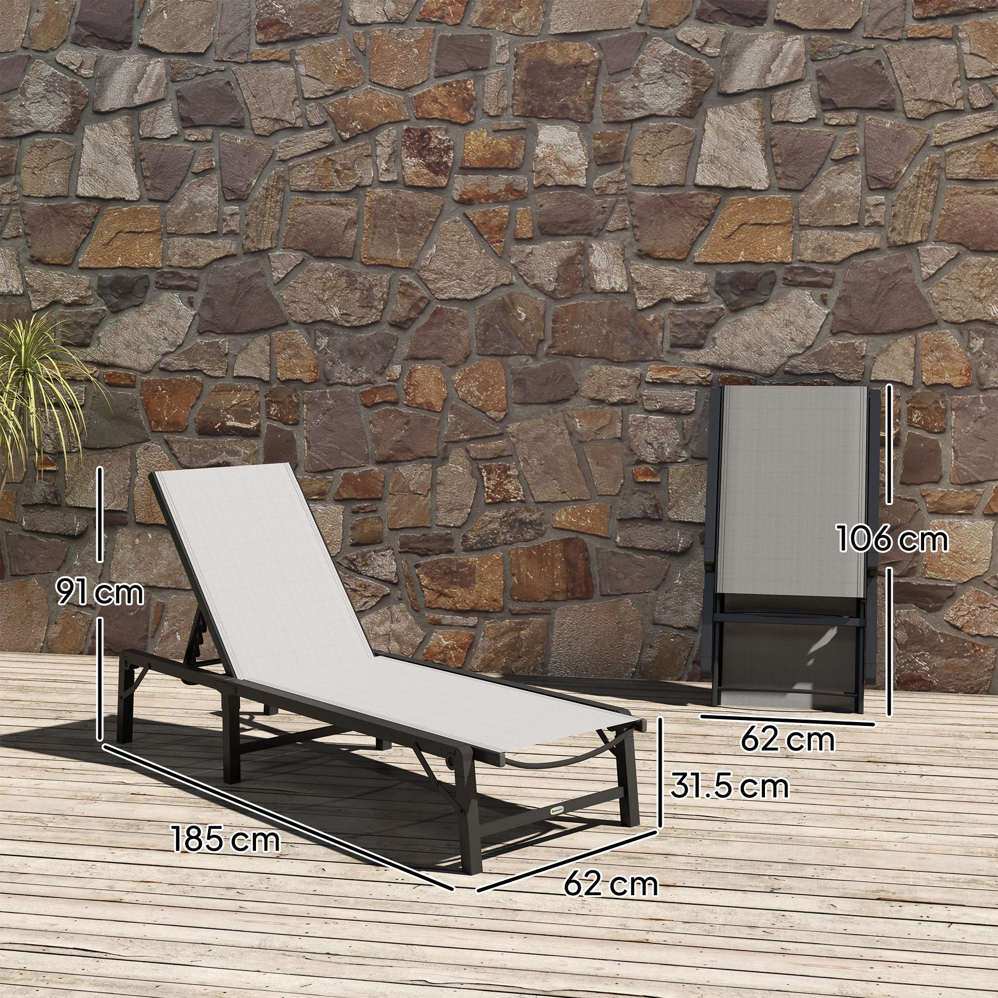 5-Position Adjustable Sun Lounger with Steel Frame for Beach, Porch, Patio, Light Grey - Image 5