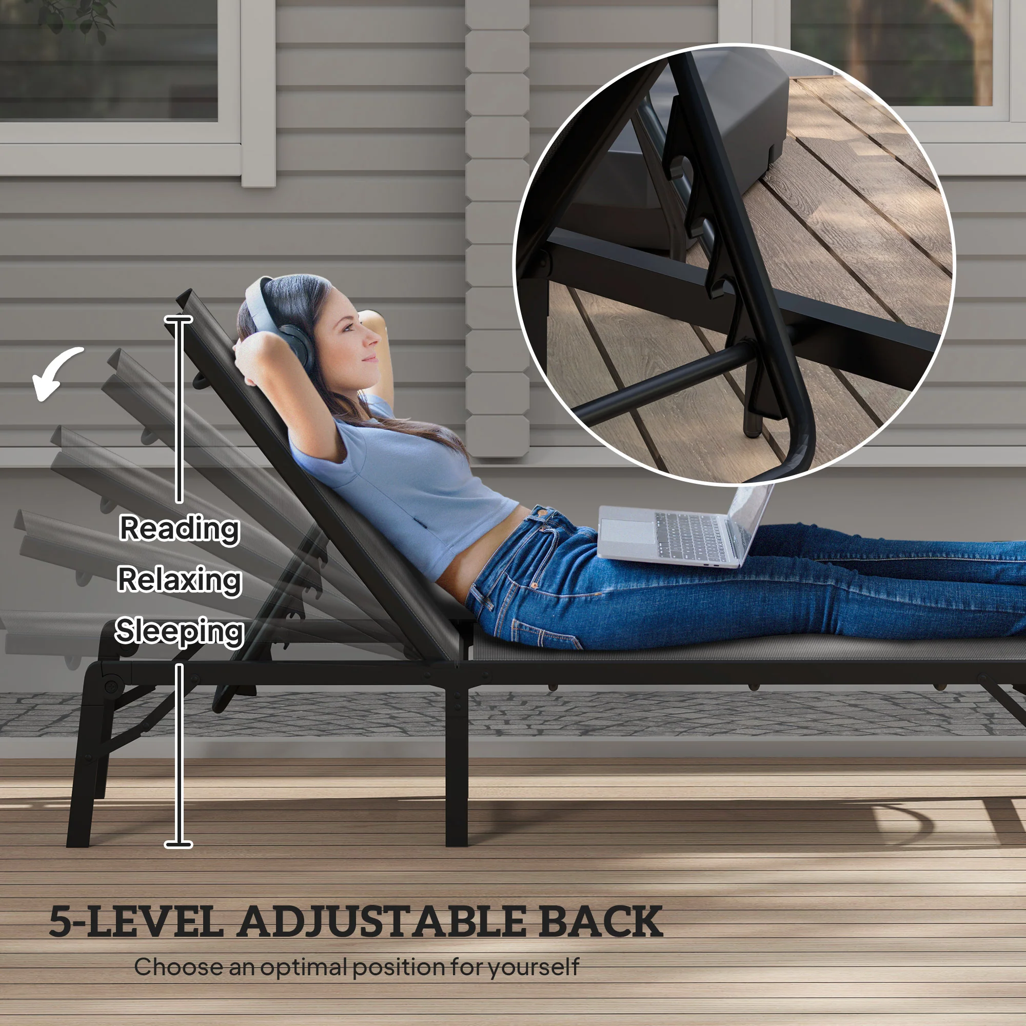 5-Position Adjustable Sun Lounger with Steel Frame for Beach, Porch, Patio, Light Grey - Image 6