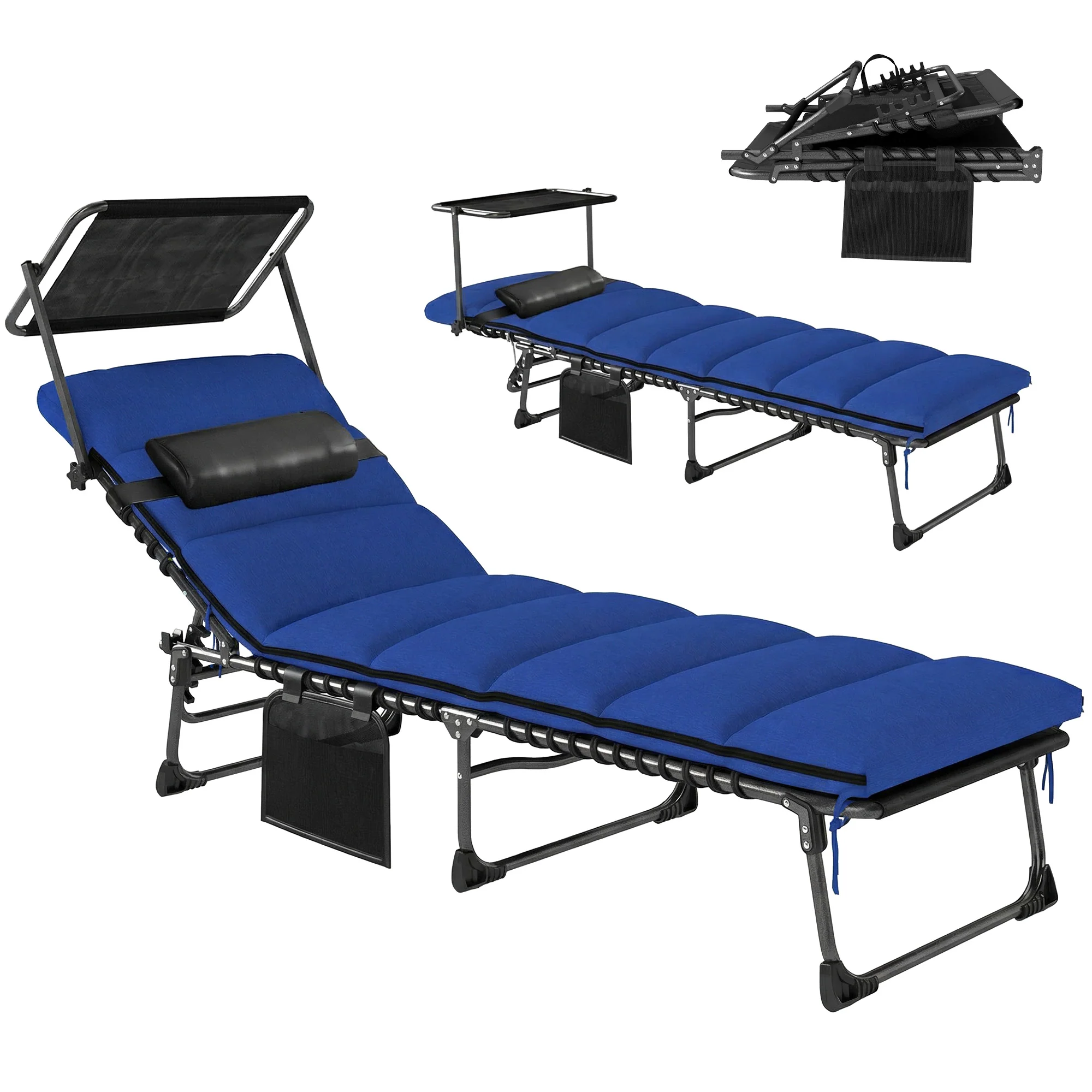 Folding Sun Lounger with Canopy, Cushion and 5-Position Recline, Dark Blue