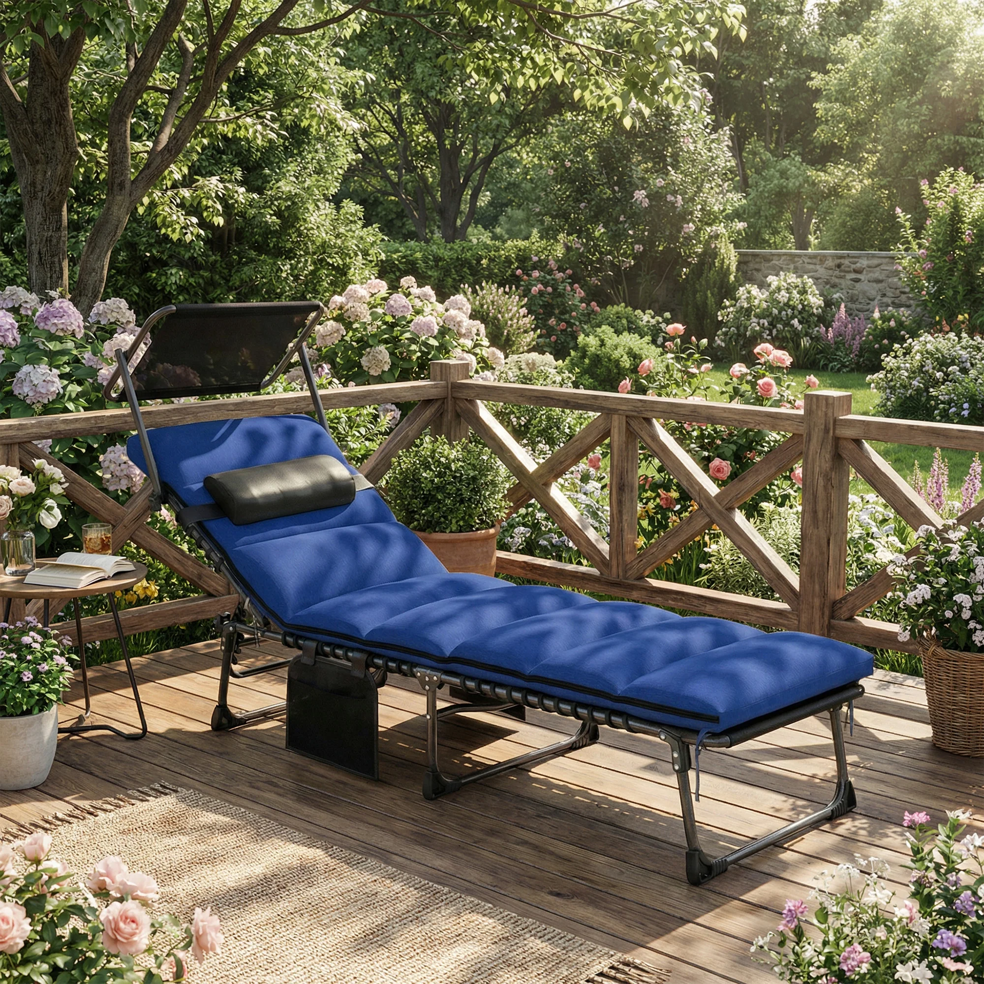 Folding Sun Lounger with Canopy, Cushion and 5-Position Recline, Dark Blue - Image 3
