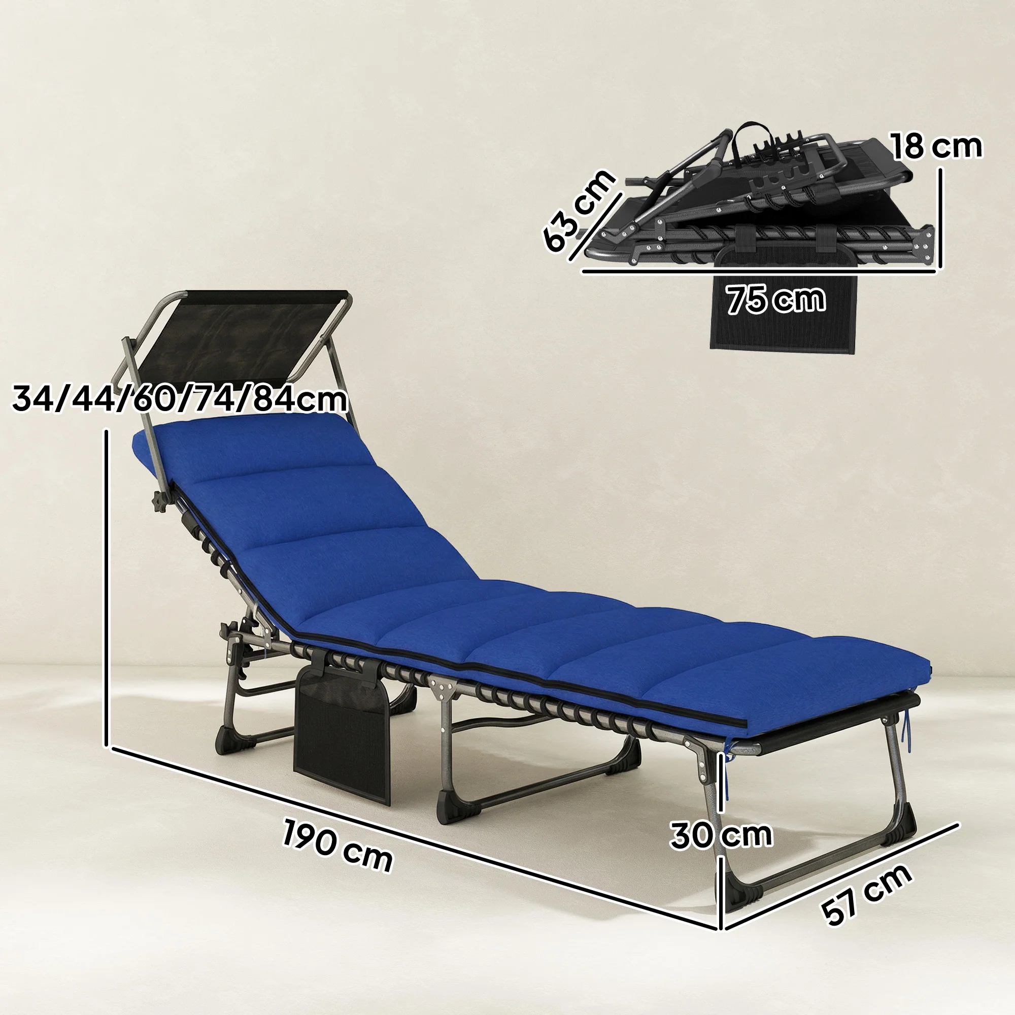 Folding Sun Lounger with Canopy, Cushion and 5-Position Recline, Dark Blue - Image 5