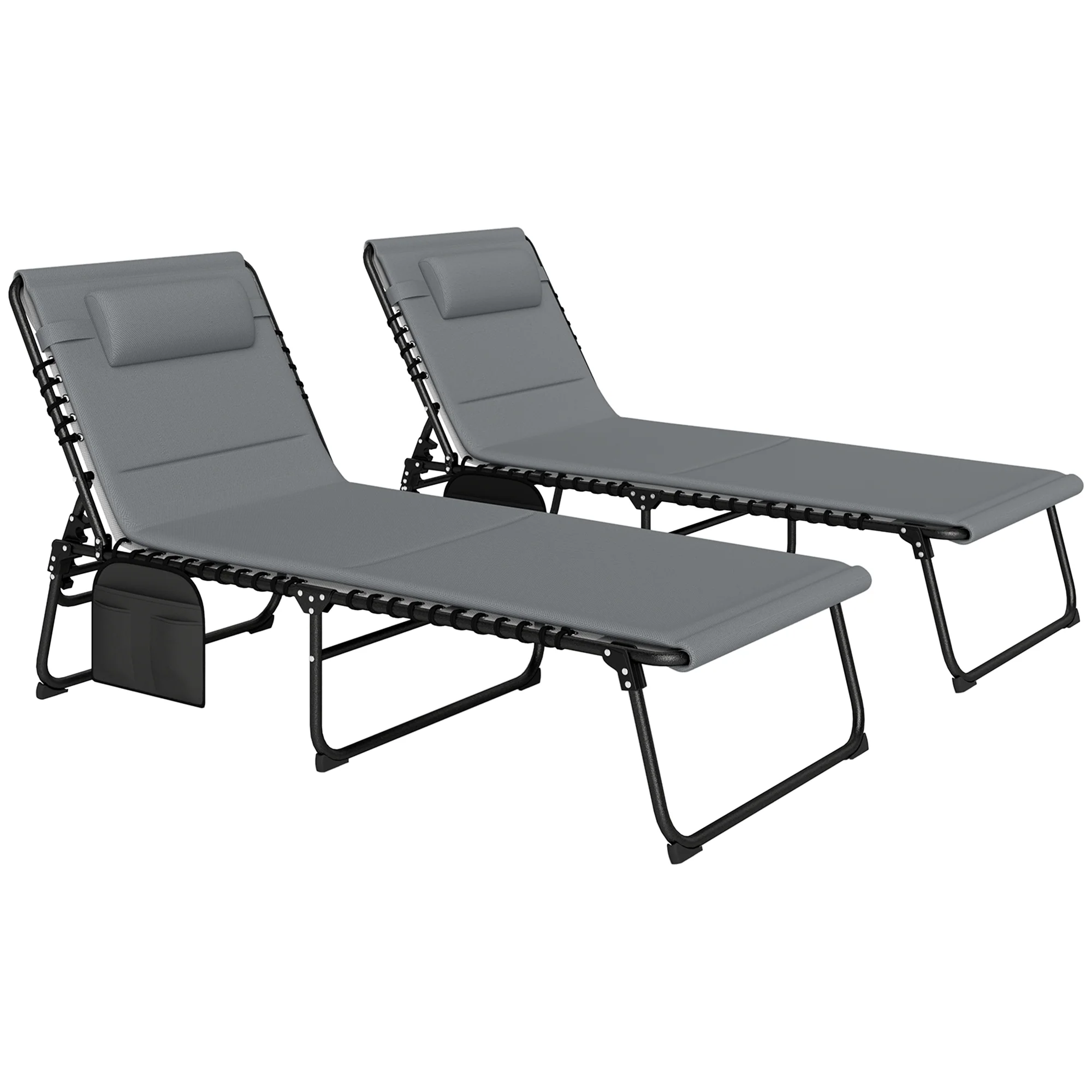 Set of 2 Folding Sun Loungers with Headrest & Side Pocket, Charcoal Grey