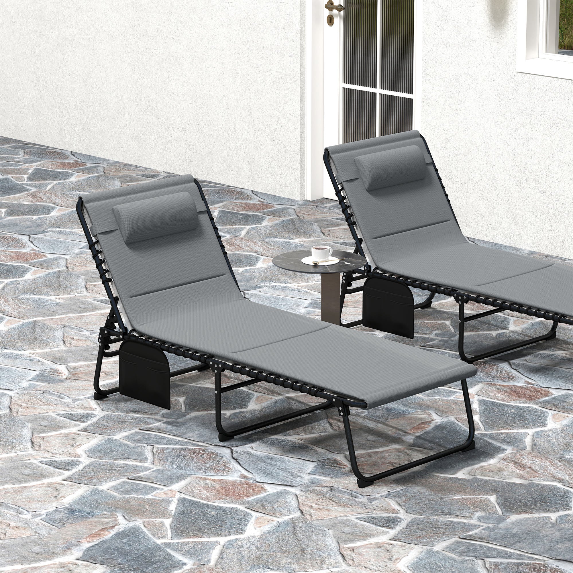 Set of 2 Folding Sun Loungers with Headrest & Side Pocket, Charcoal Grey - Image 10