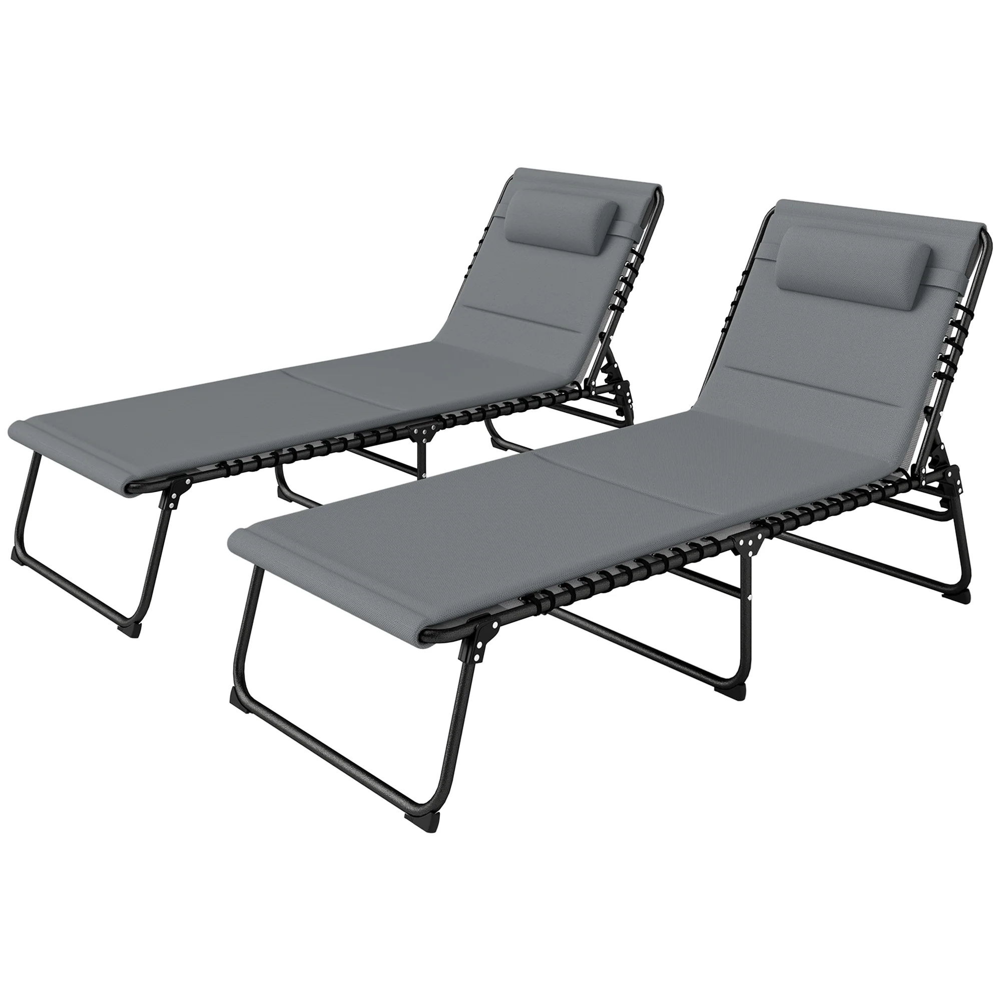 Set of 2 Folding Sun Loungers with Headrest & Side Pocket, Charcoal Grey - Image 2