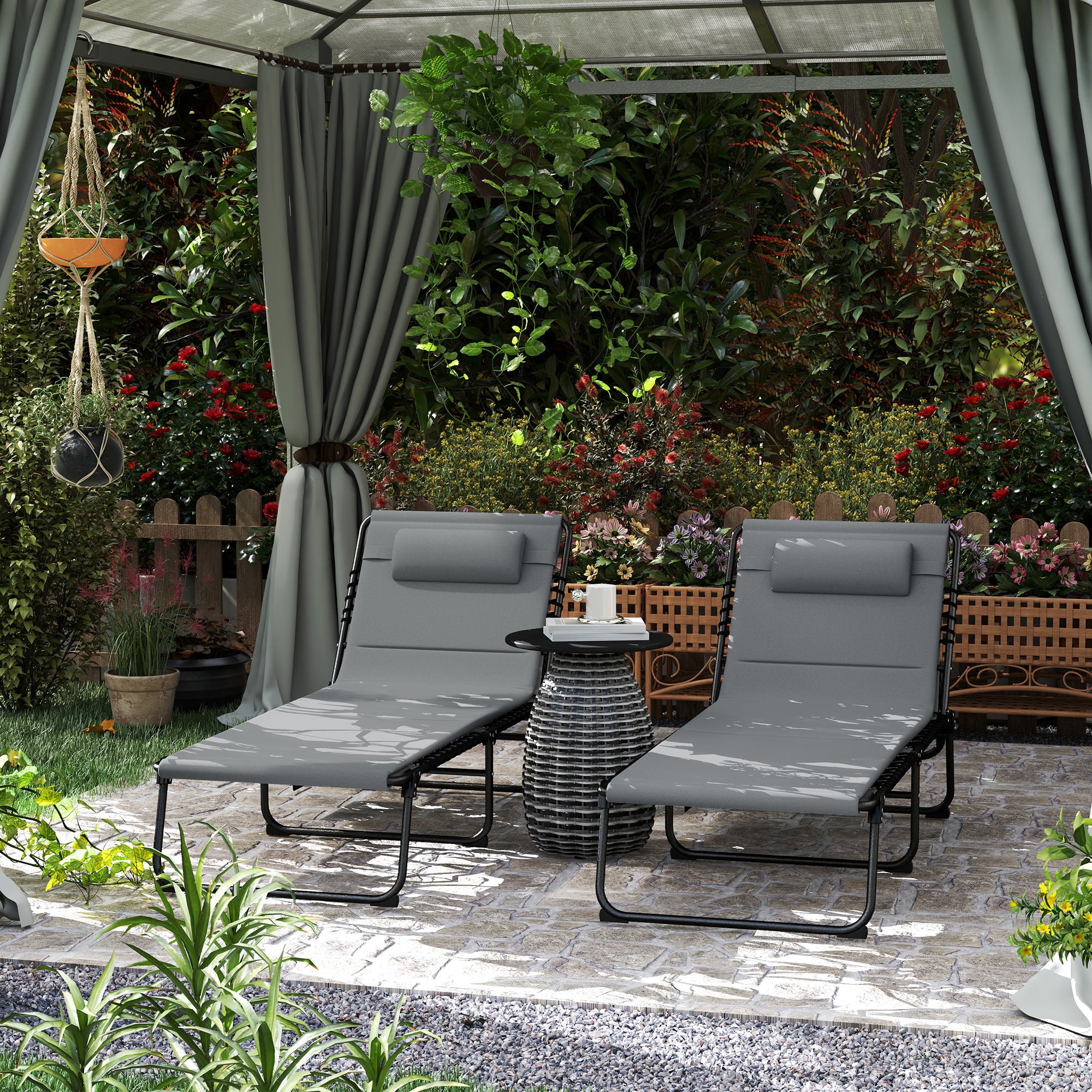 Set of 2 Folding Sun Loungers with Headrest & Side Pocket, Charcoal Grey - Image 3