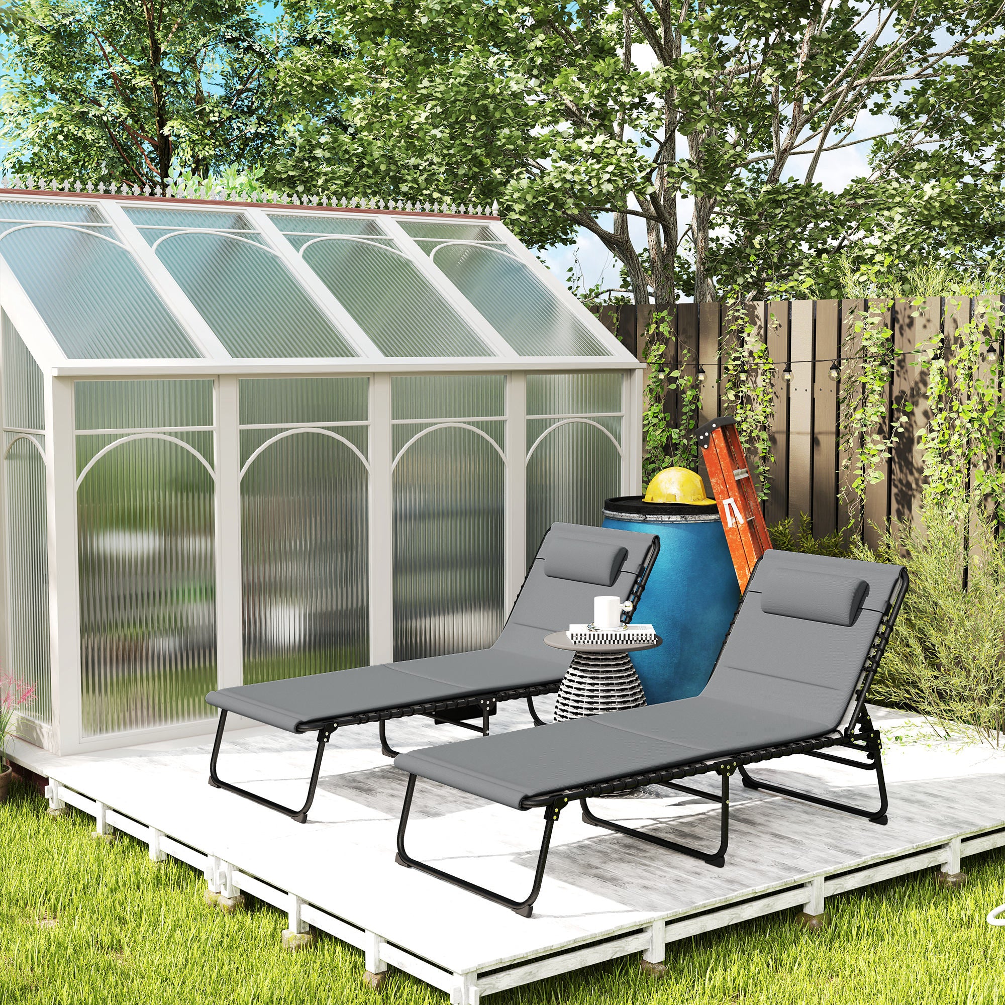 Set of 2 Folding Sun Loungers with Headrest & Side Pocket, Charcoal Grey - Image 4