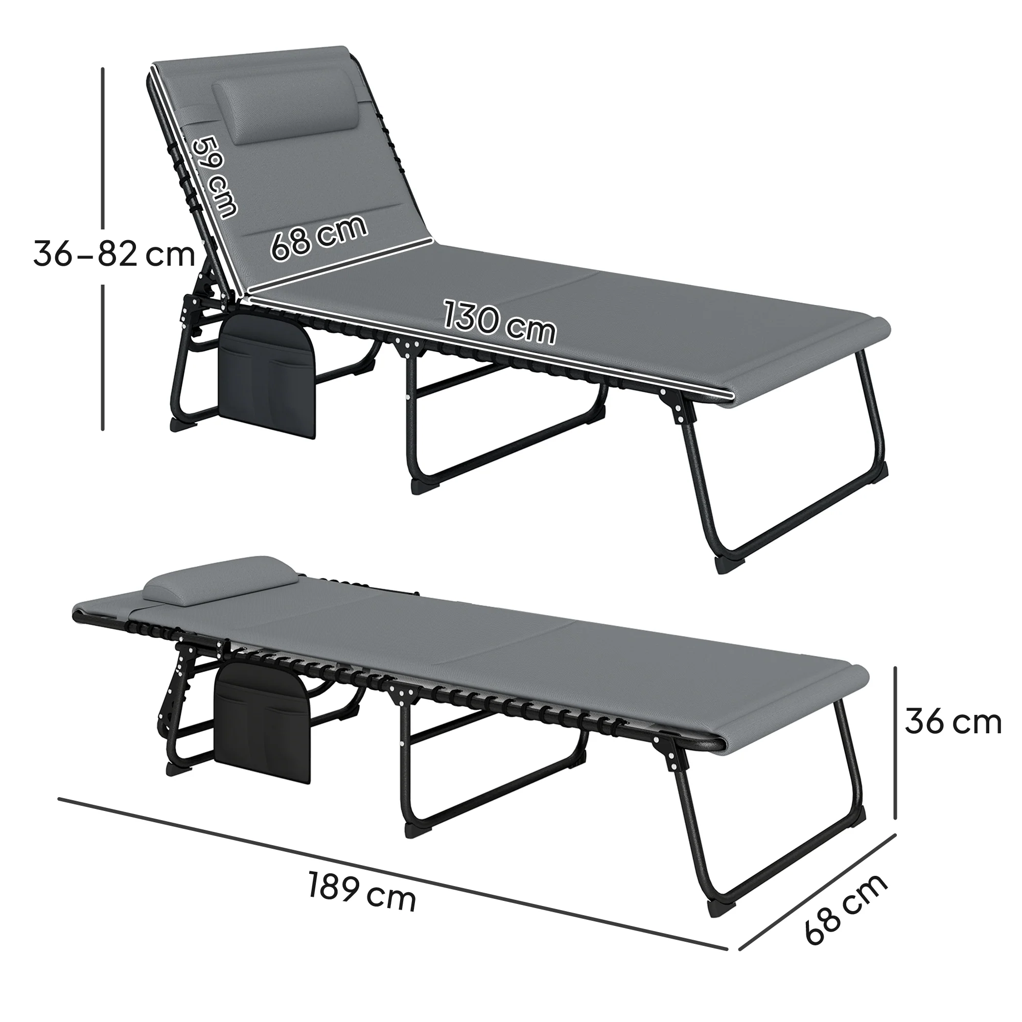 Set of 2 Folding Sun Loungers with Headrest & Side Pocket, Charcoal Grey - Image 5