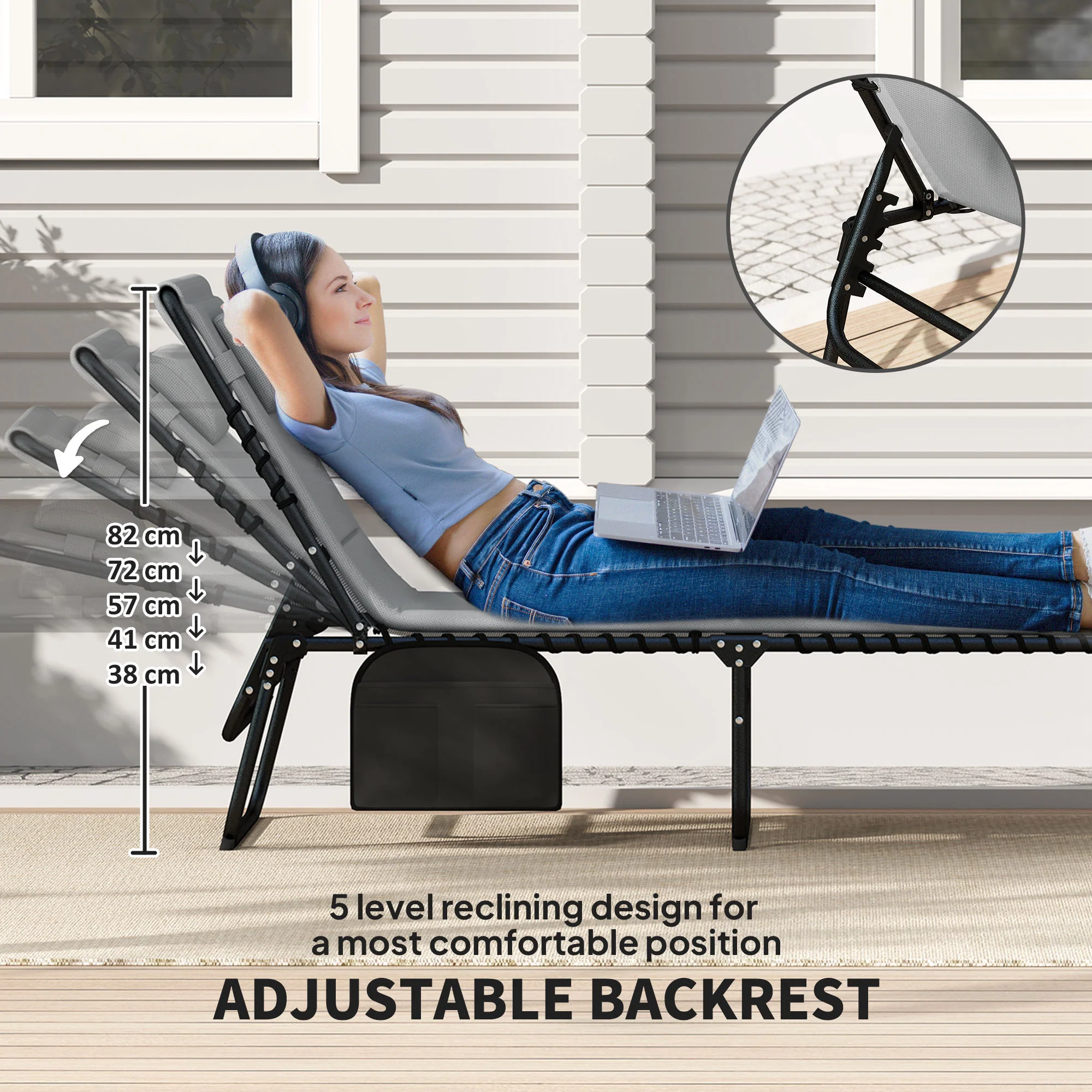 Set of 2 Folding Sun Loungers with Headrest & Side Pocket, Charcoal Grey - Image 6