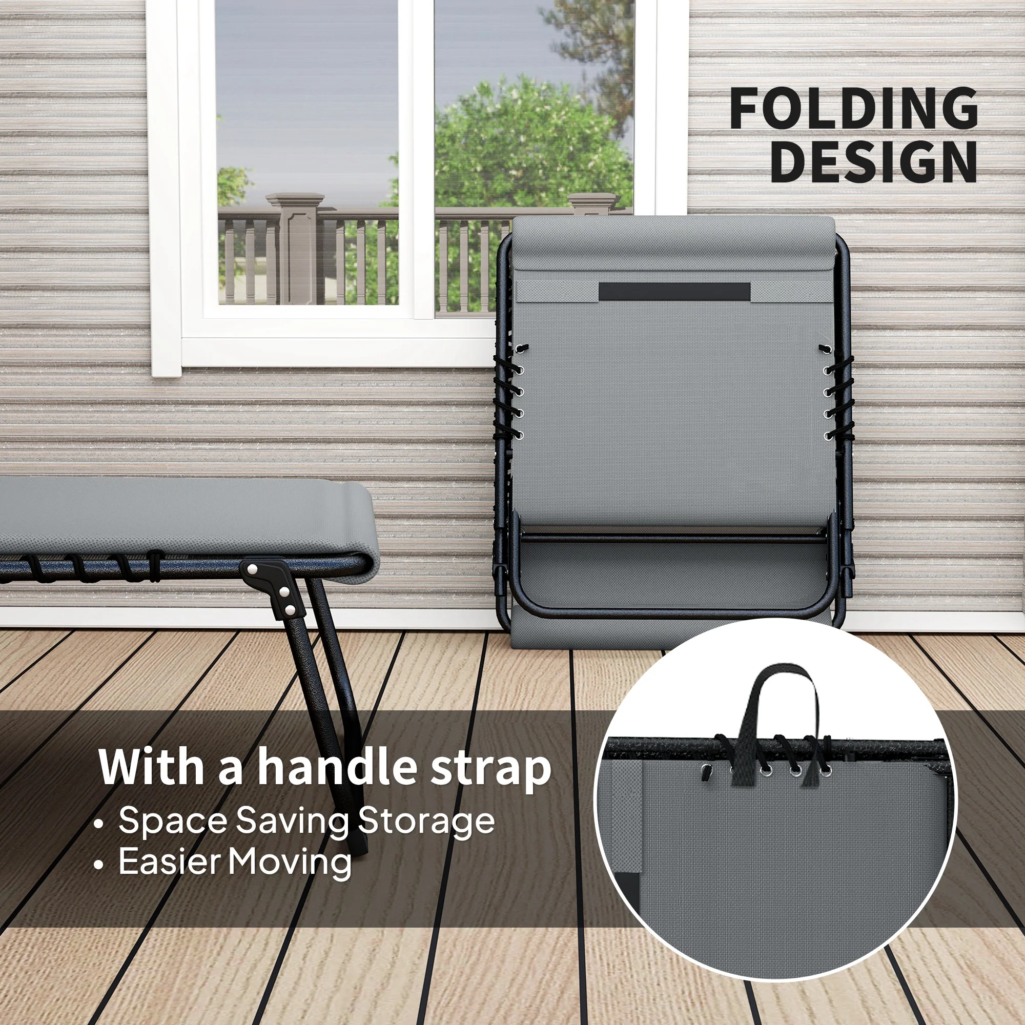 Set of 2 Folding Sun Loungers with Headrest & Side Pocket, Charcoal Grey - Image 7