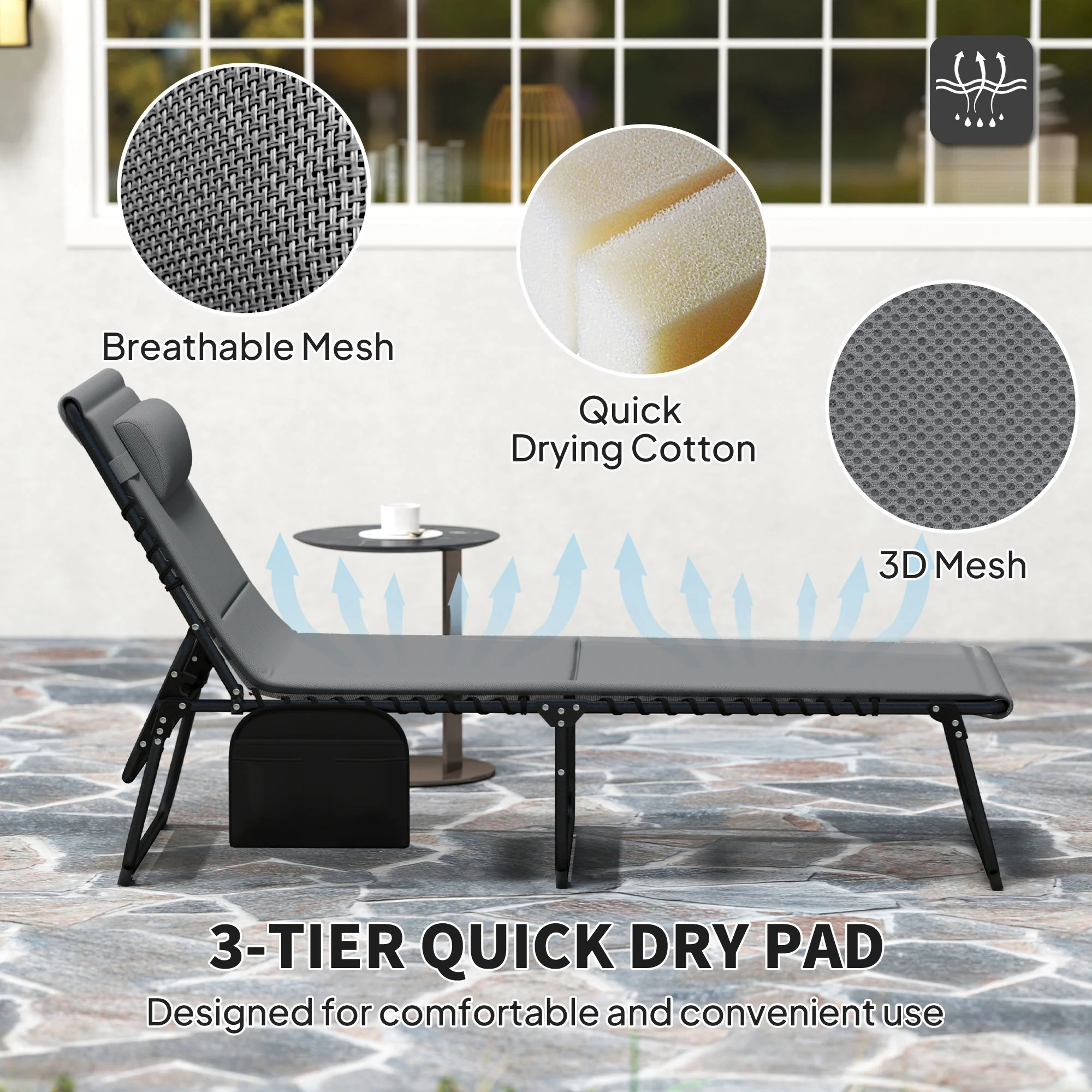Set of 2 Folding Sun Loungers with Headrest & Side Pocket, Charcoal Grey - Image 8