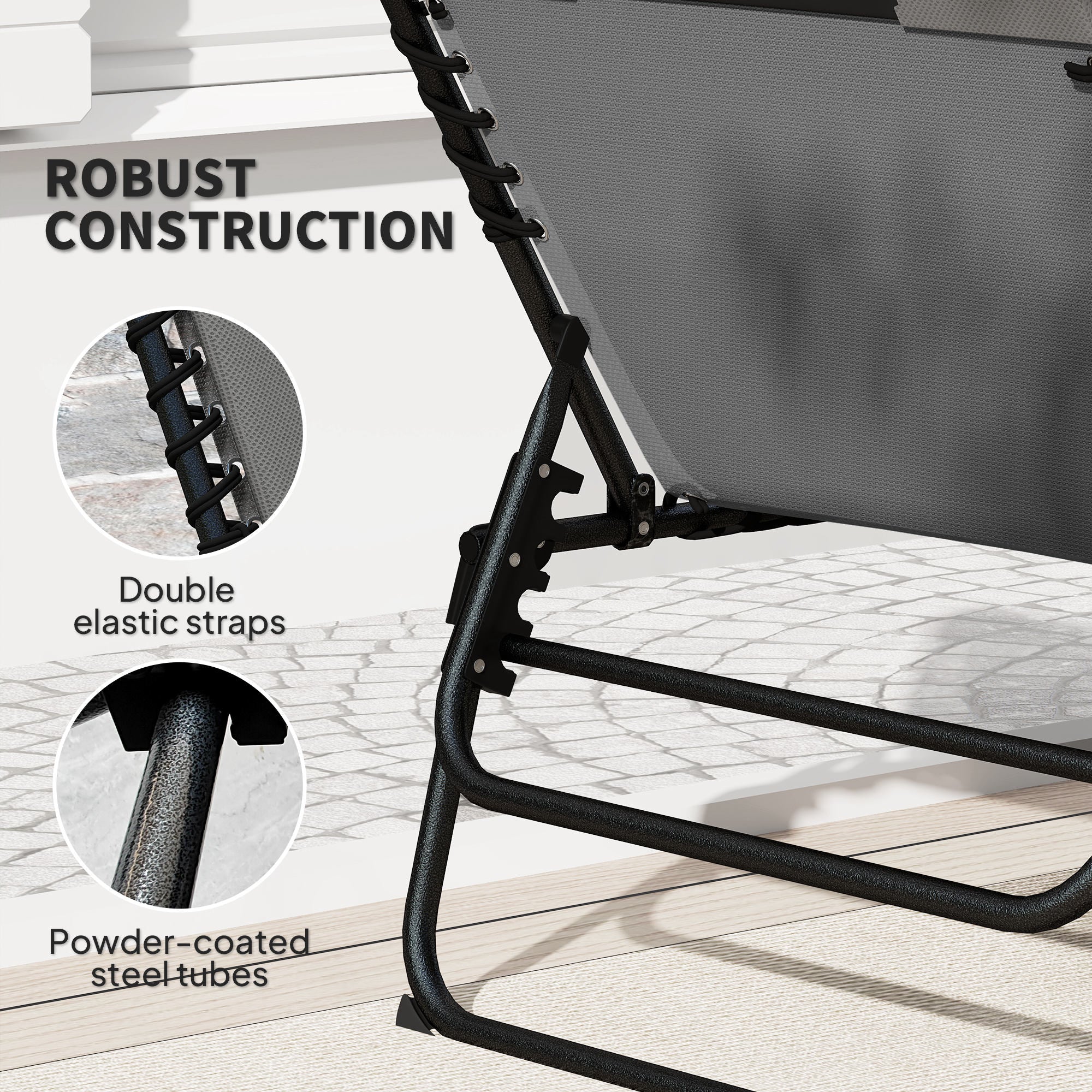 Set of 2 Folding Sun Loungers with Headrest & Side Pocket, Charcoal Grey - Image 9