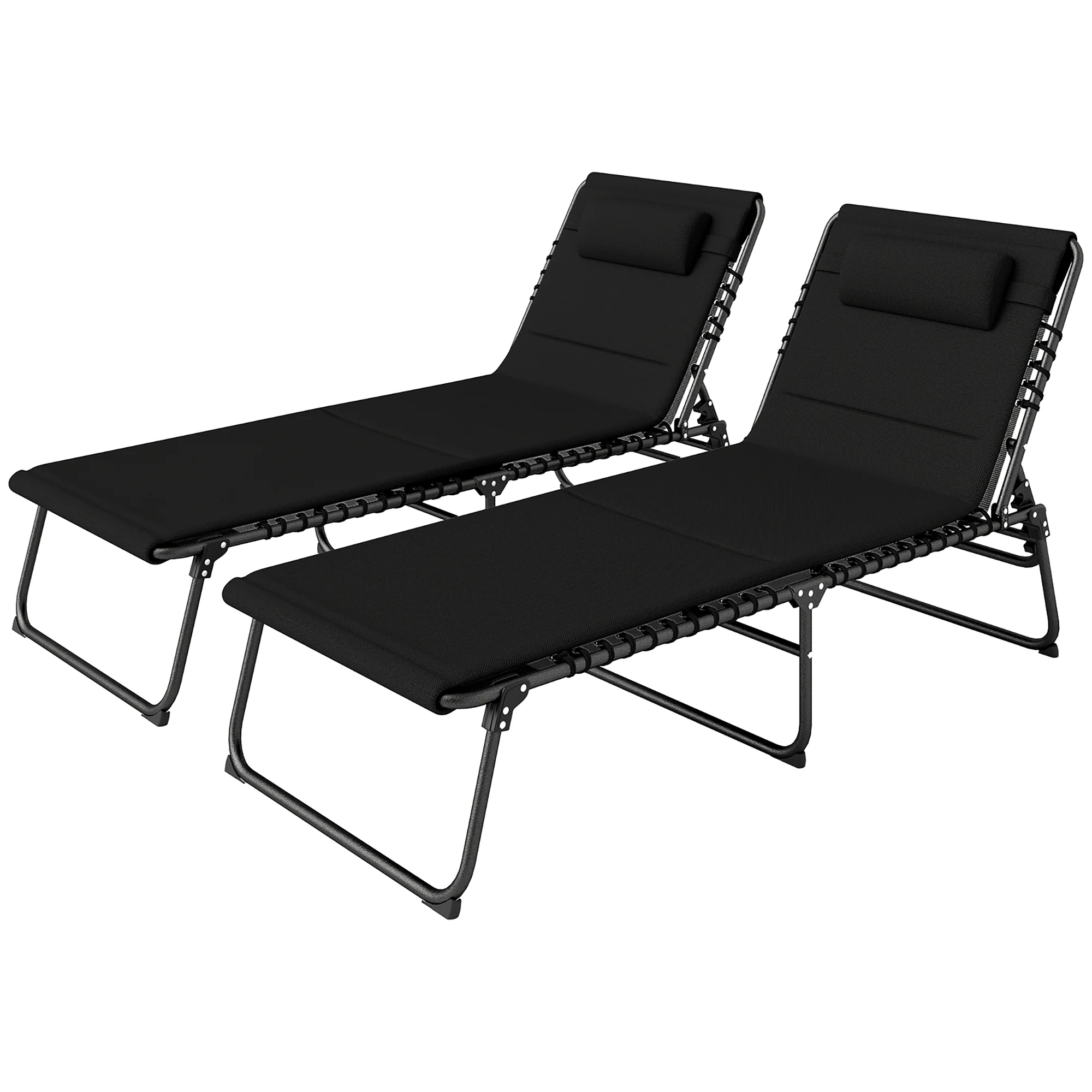 Set of 2 Folding Sun Loungers with Headrest & Side Pocket, Black - Image 2