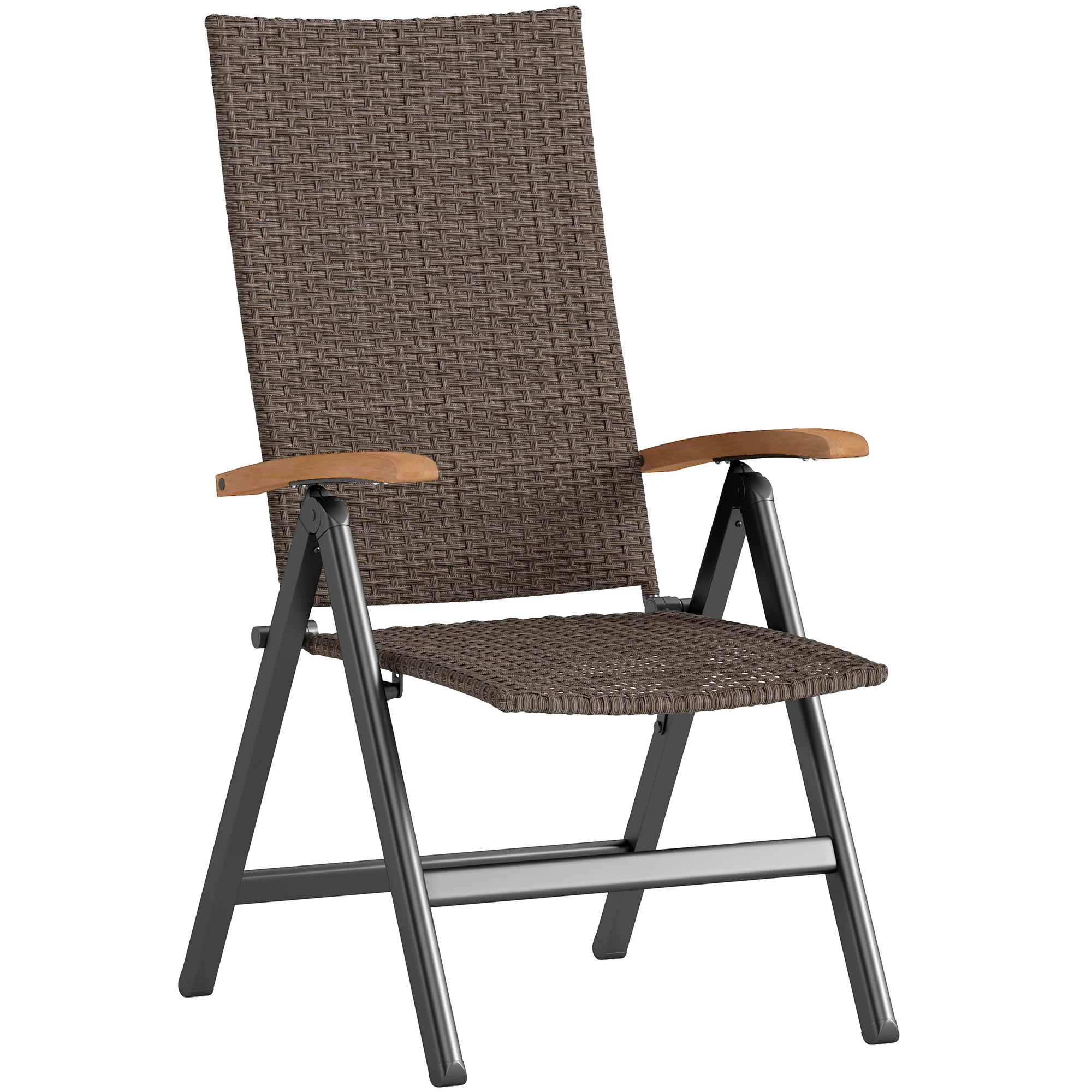 Folding Patio Wicker Dining Chair with Steel Frame, Armrest & Backrest for Outdoor, Brown