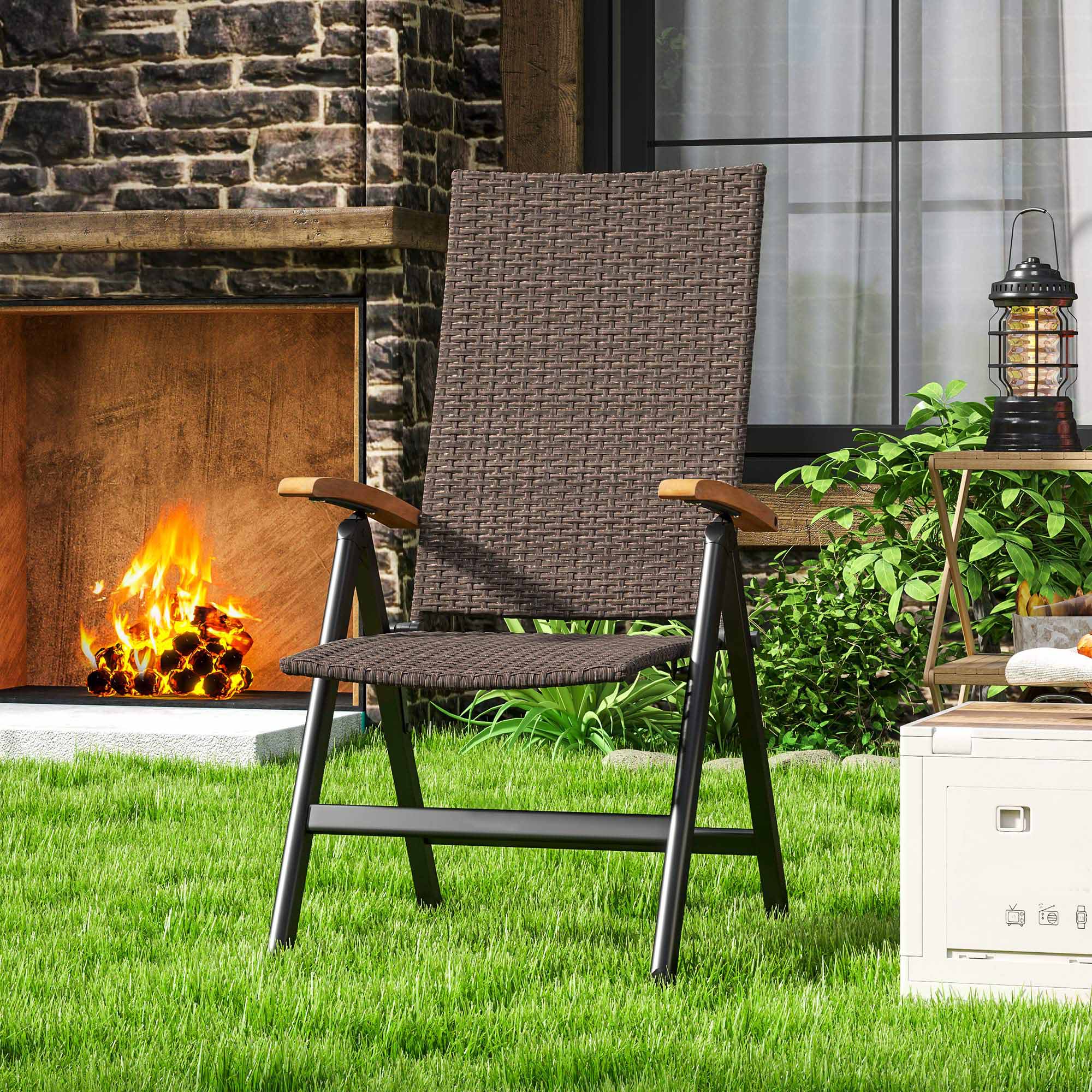 Folding Patio Wicker Dining Chair with Steel Frame, Armrest & Backrest for Outdoor, Brown - Image 10