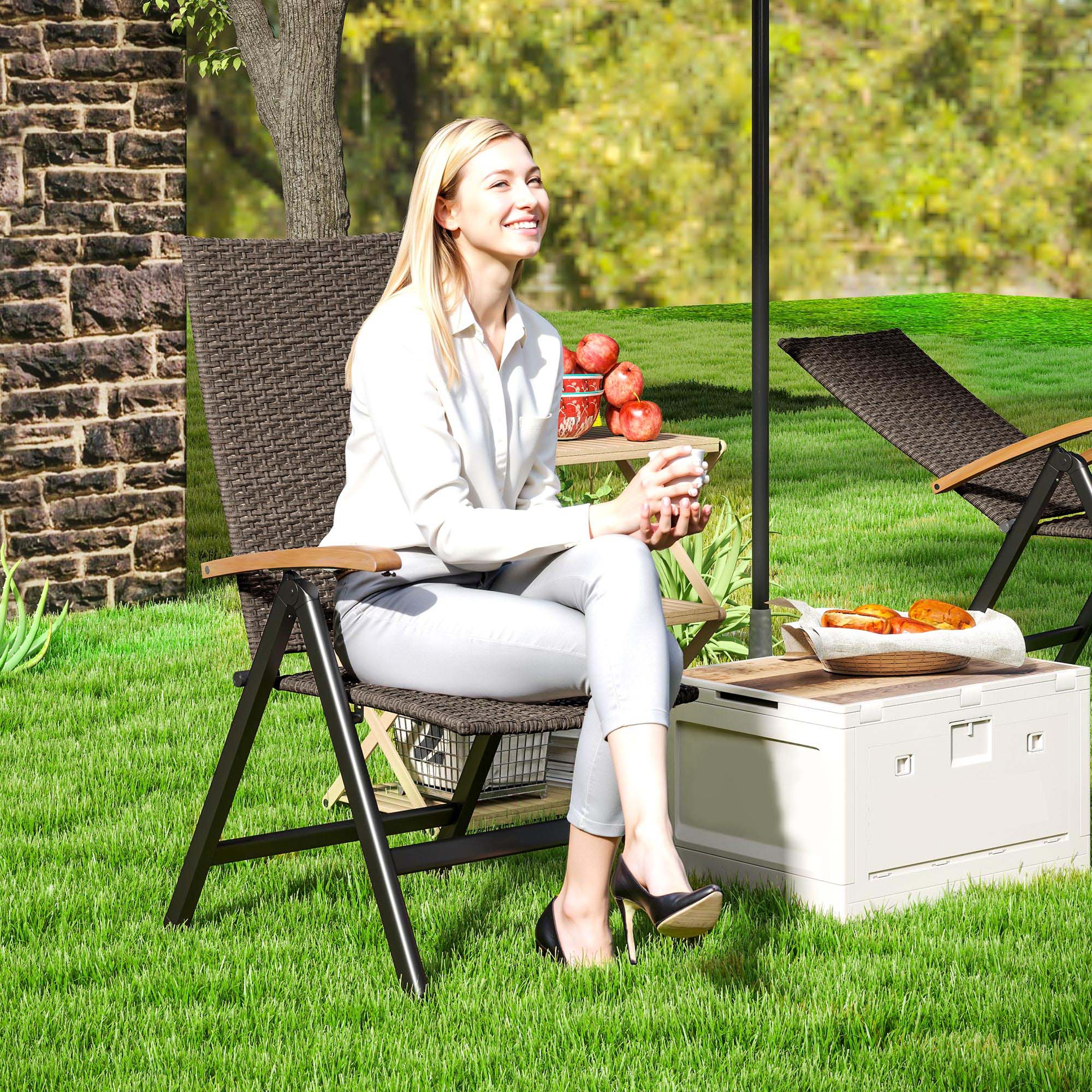 Folding Patio Wicker Dining Chair with Steel Frame, Armrest & Backrest for Outdoor, Brown - Image 3