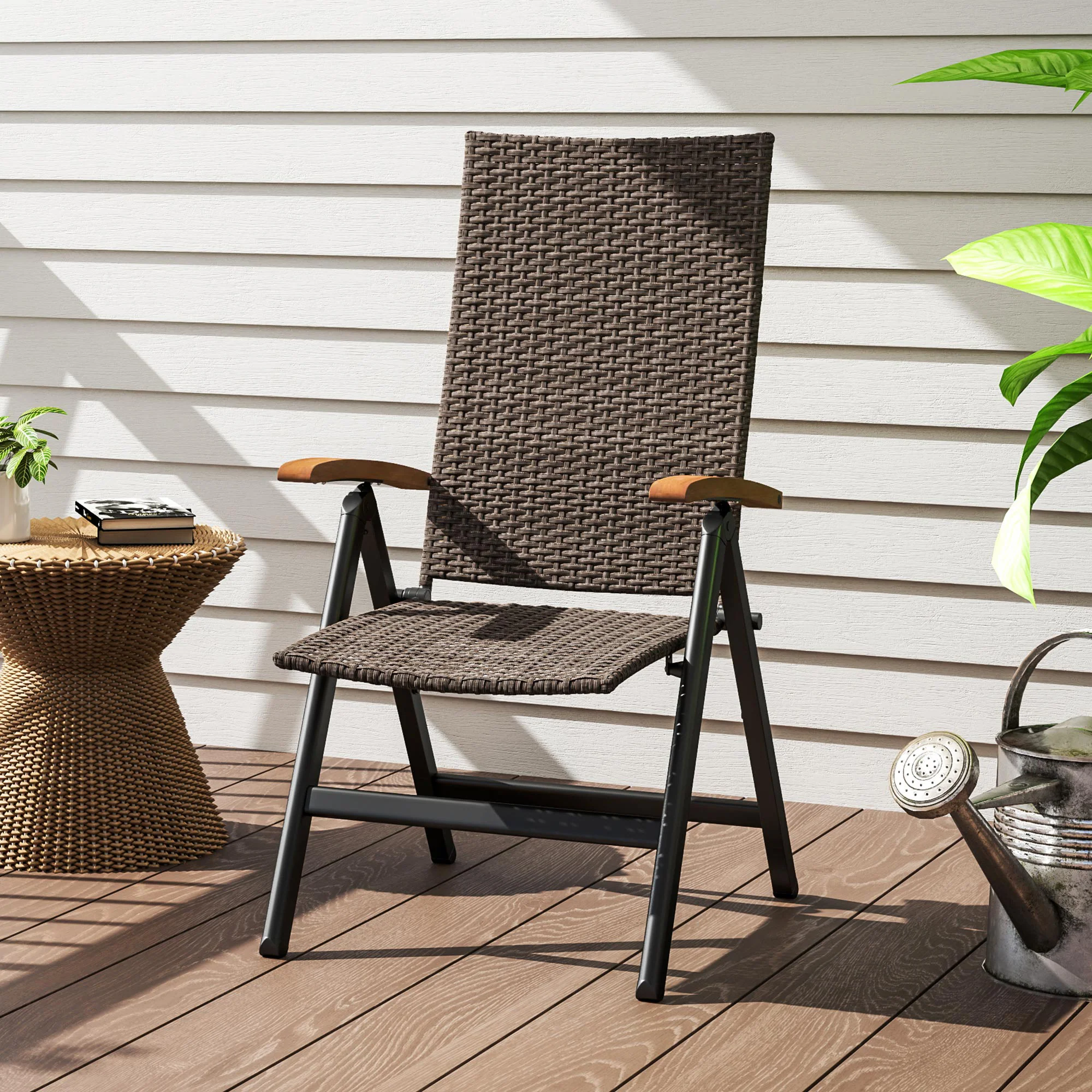 Folding Patio Wicker Dining Chair with Steel Frame, Armrest & Backrest for Outdoor, Brown - Image 4